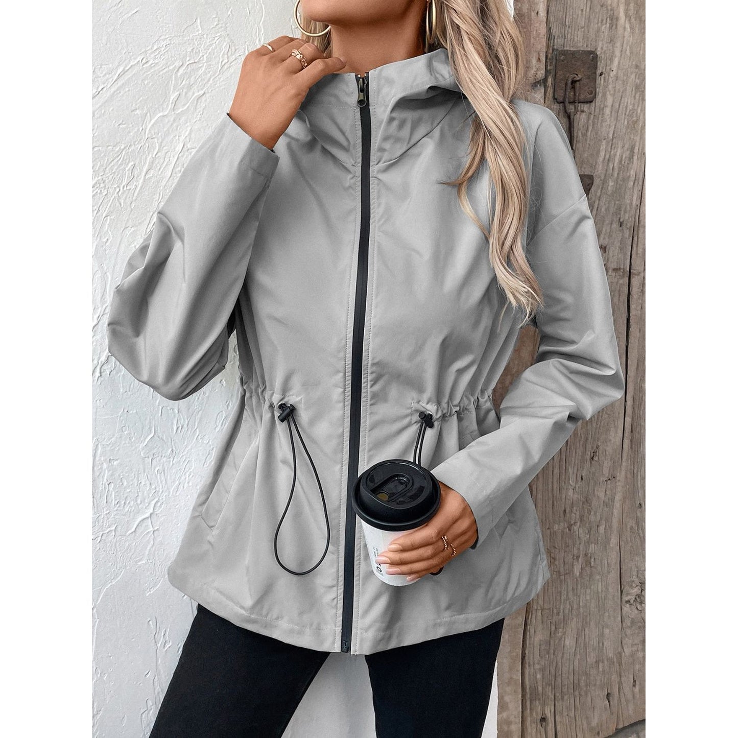 Drawstring Zip Up Hooded Jacket