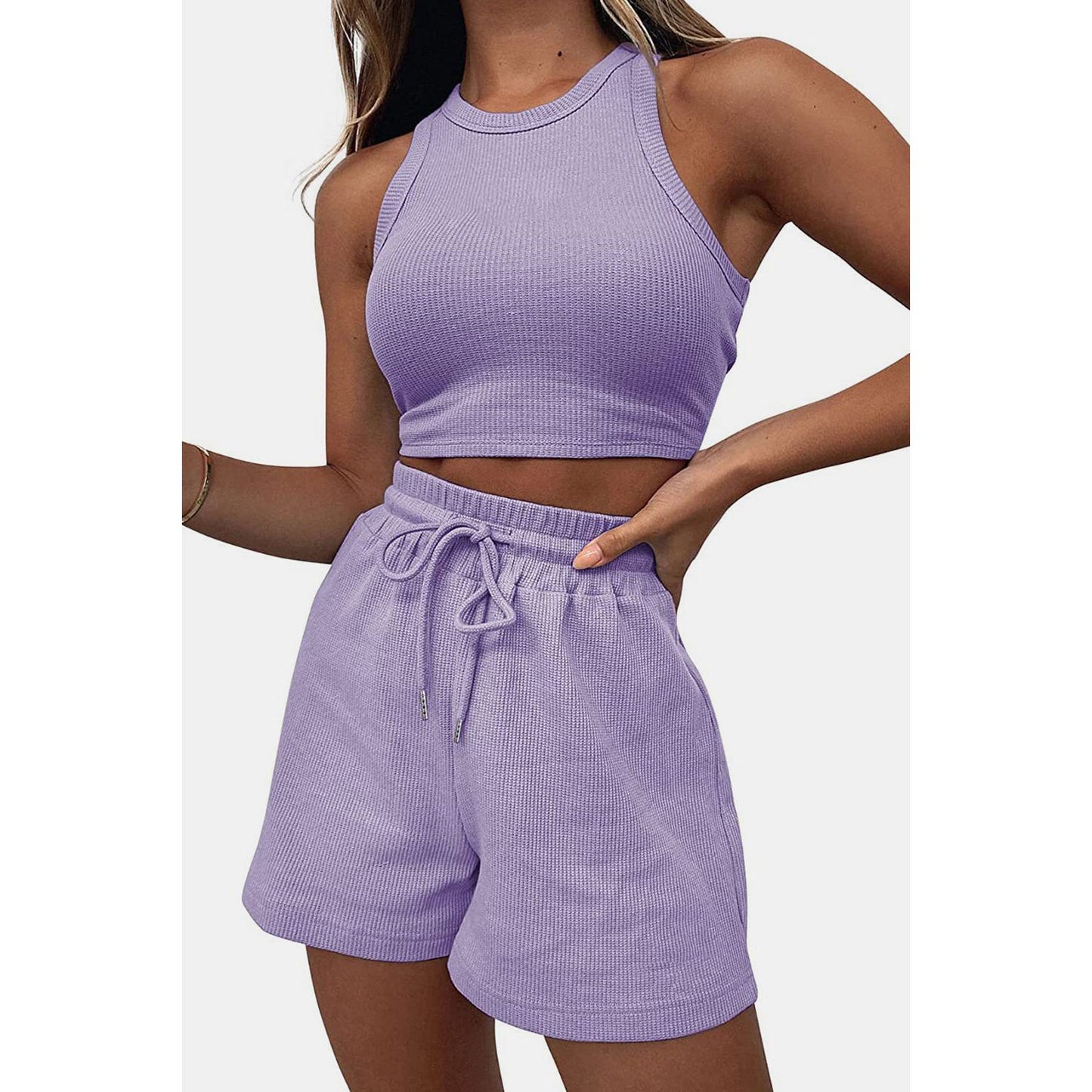 Round Neck Top and Drawstring Shorts Set