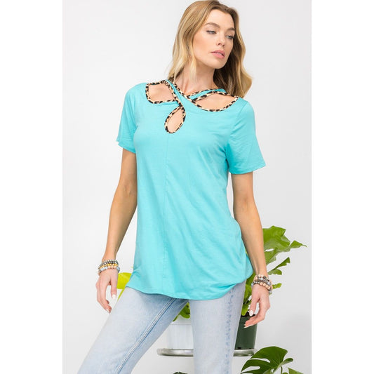 Celeste Full Size Crisscross Cutout Leopard Contrast Trim T-Shirt