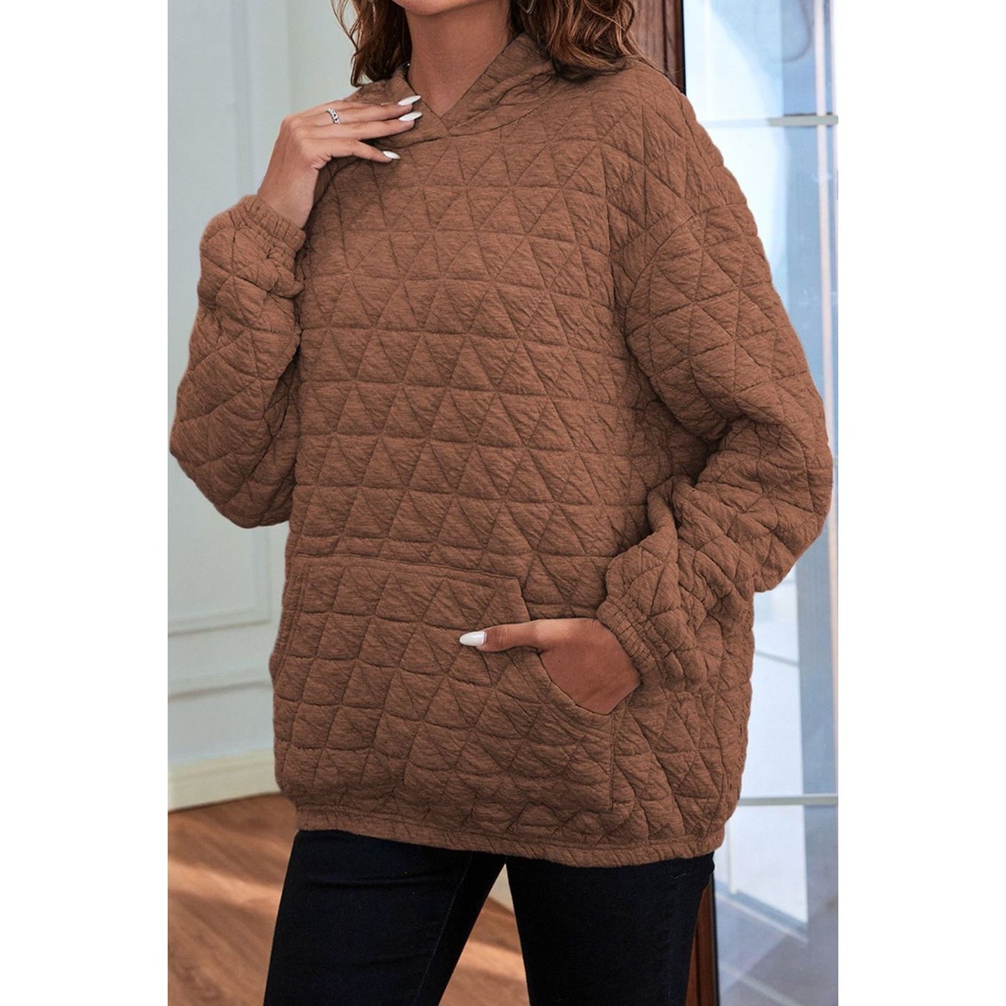 Quilted Long Sleeve Hoodie with Pocket