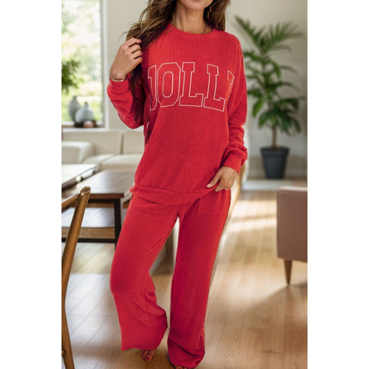 JOLLY Round Neck Long Sleeve Top and Pants Lounge Set