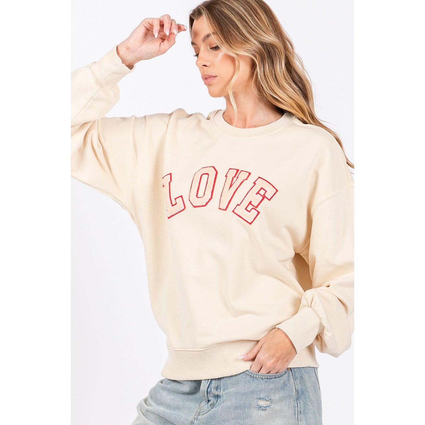 SAGE + FIG LOVE Path Applique Drop Shoulder Sweatshirt