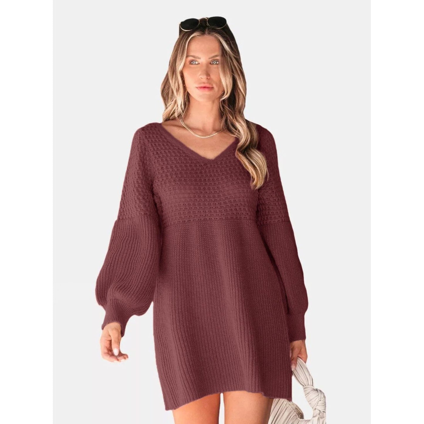 Perfee V-Neck Long Sleeve Sweater Dress