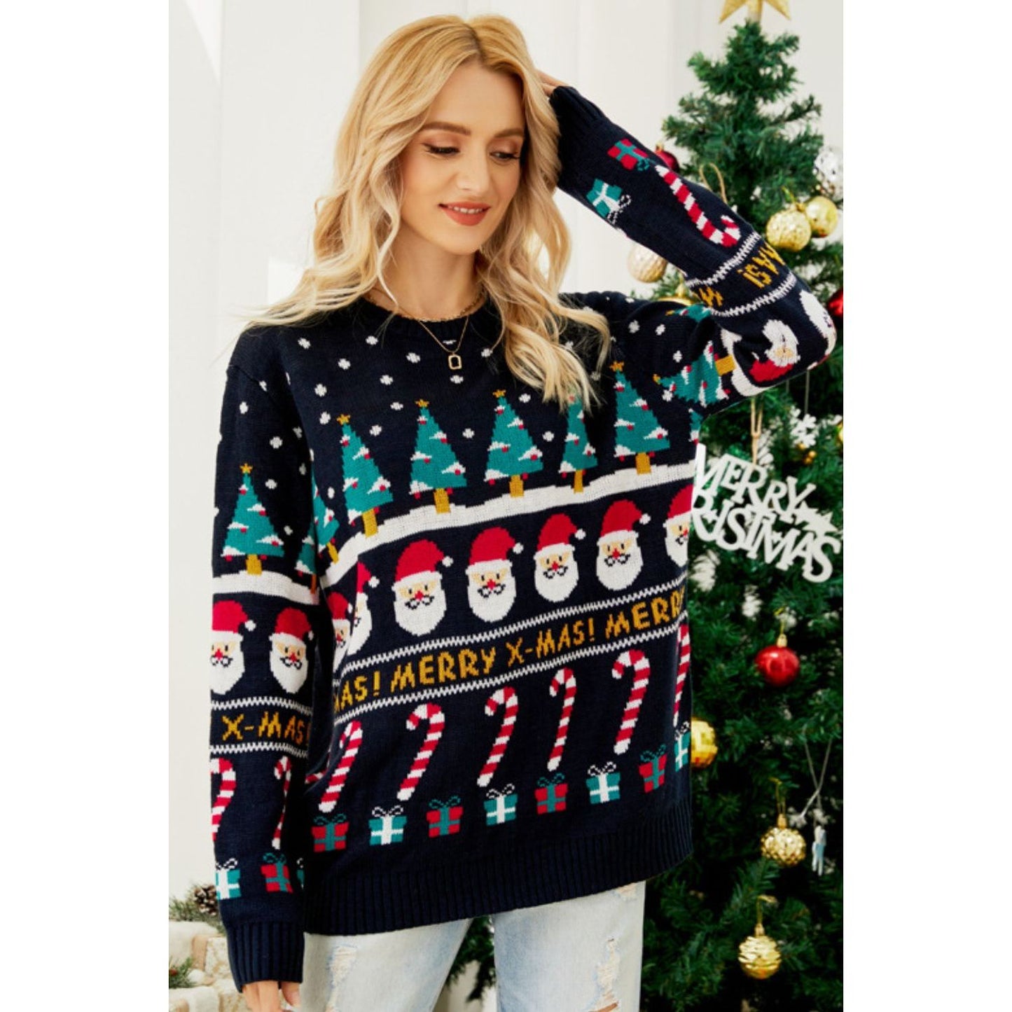 Christmas Candy Cane Ribbed Trim Sweater