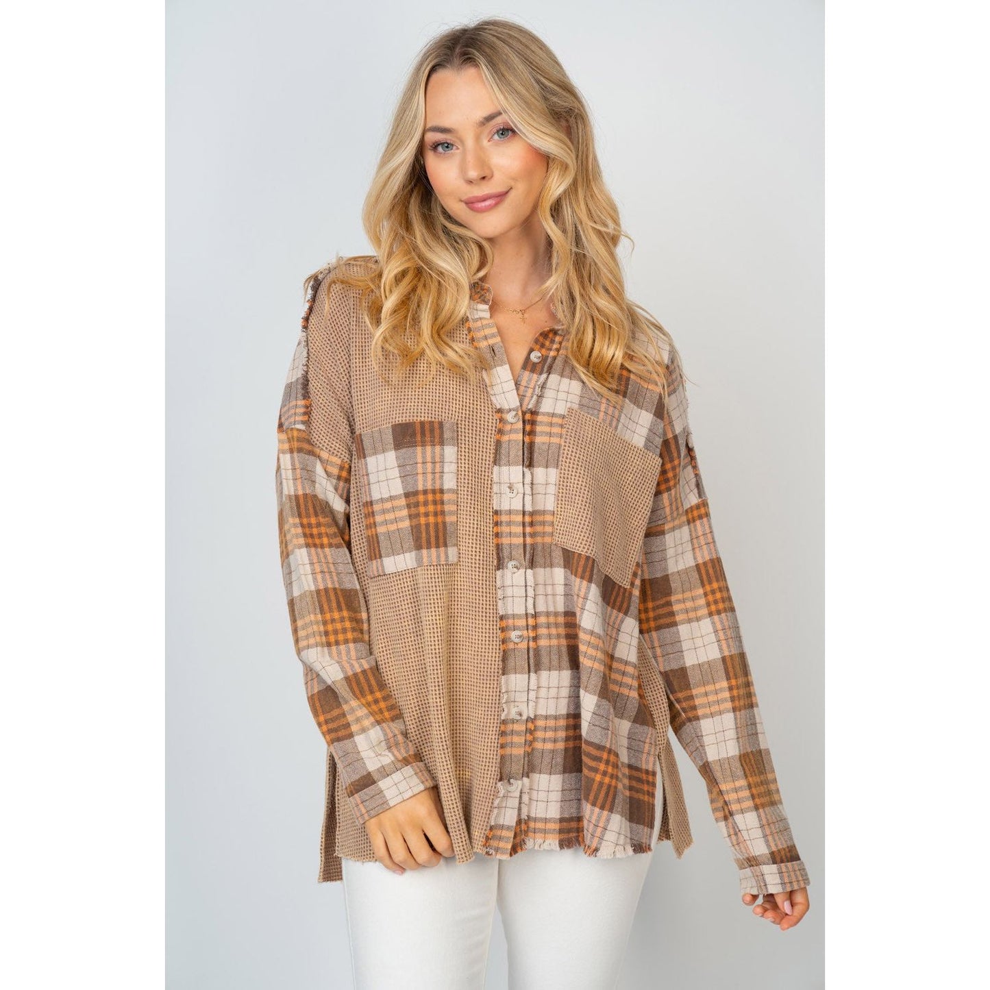 White Birch Full Size Contrast Plaid Button Down Shirt