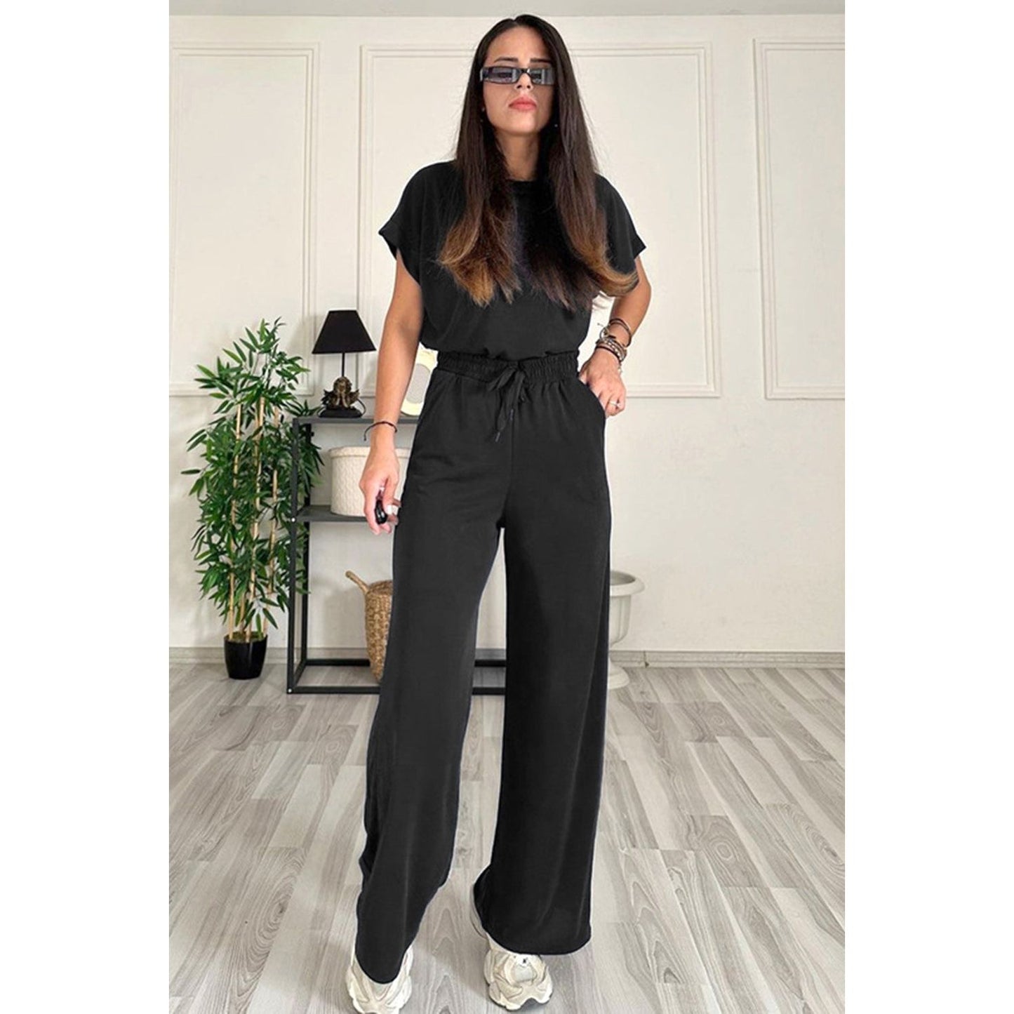 Round Neck Short Sleeve Top and Drawstring Pants Set