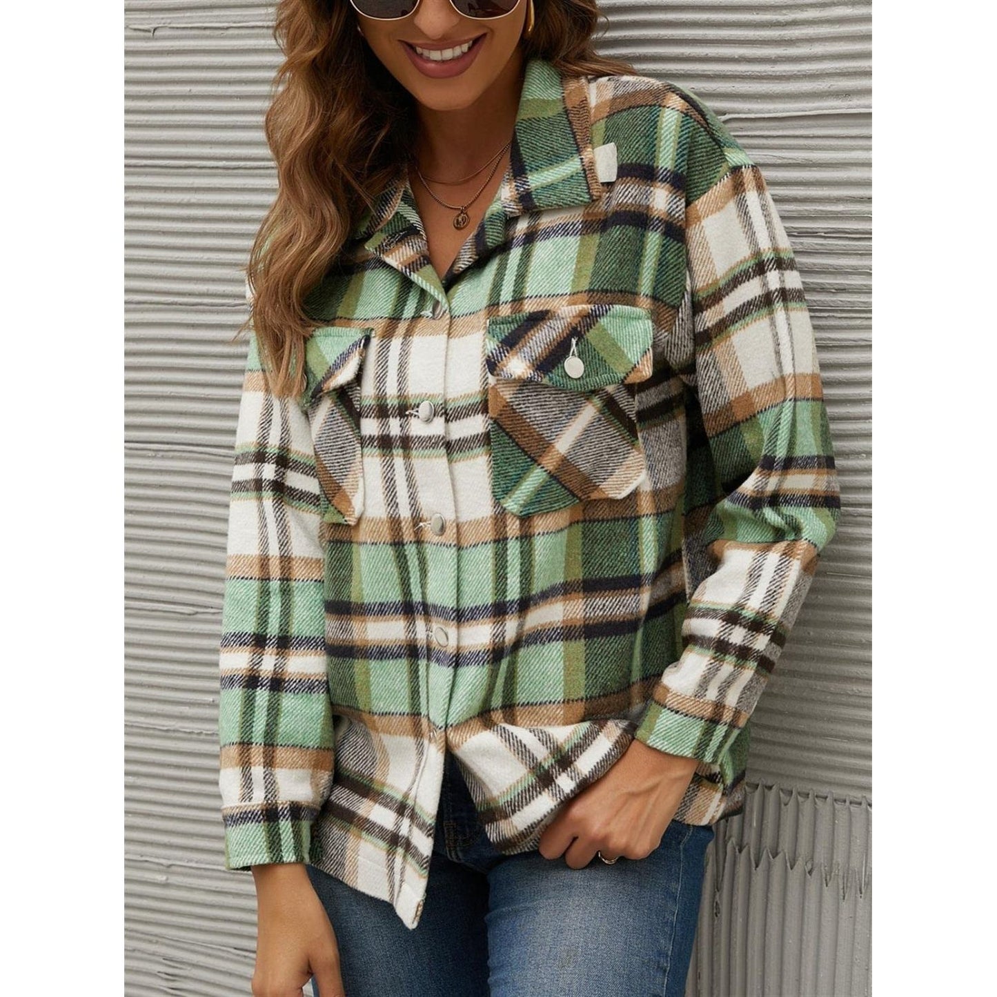 Plaid Collared Neck Long Sleeve Jacket