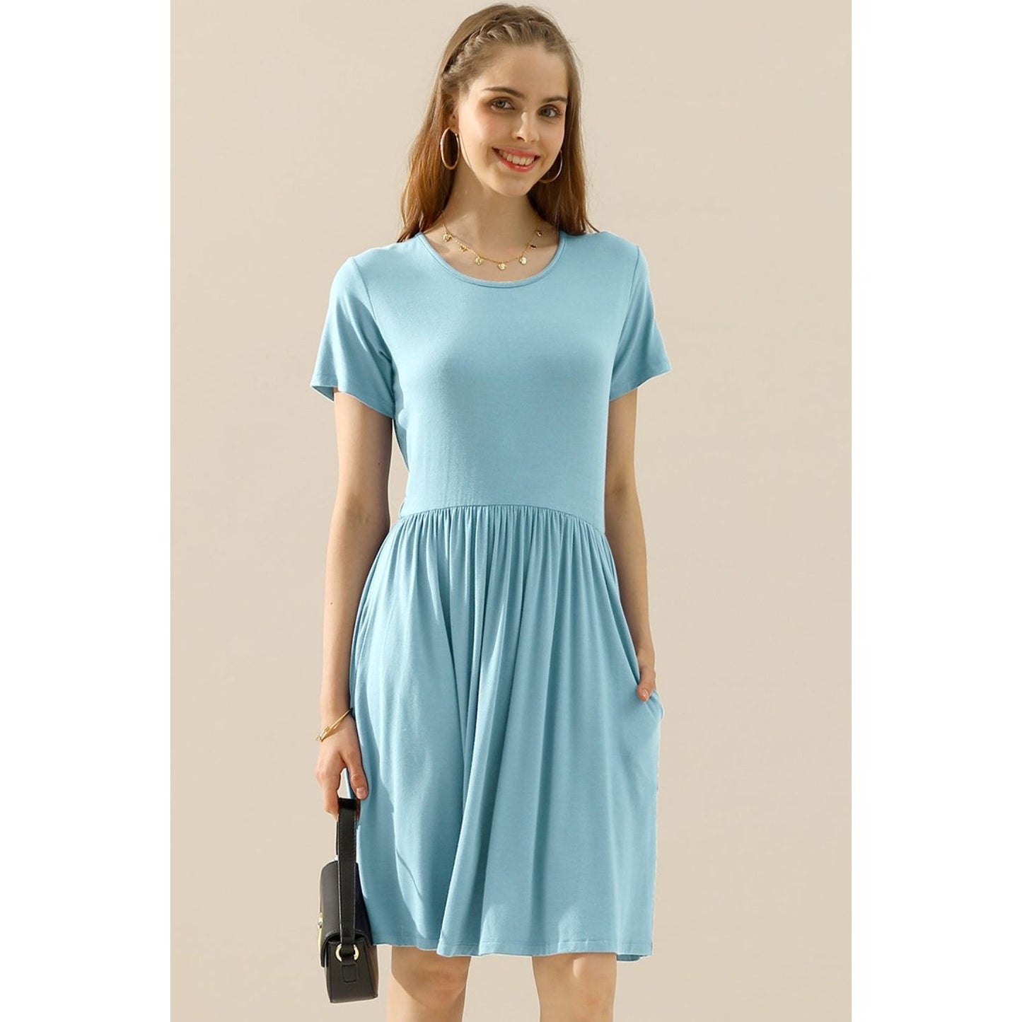 Ninexis Full Size Round Neck Ruched Dress with Pockets