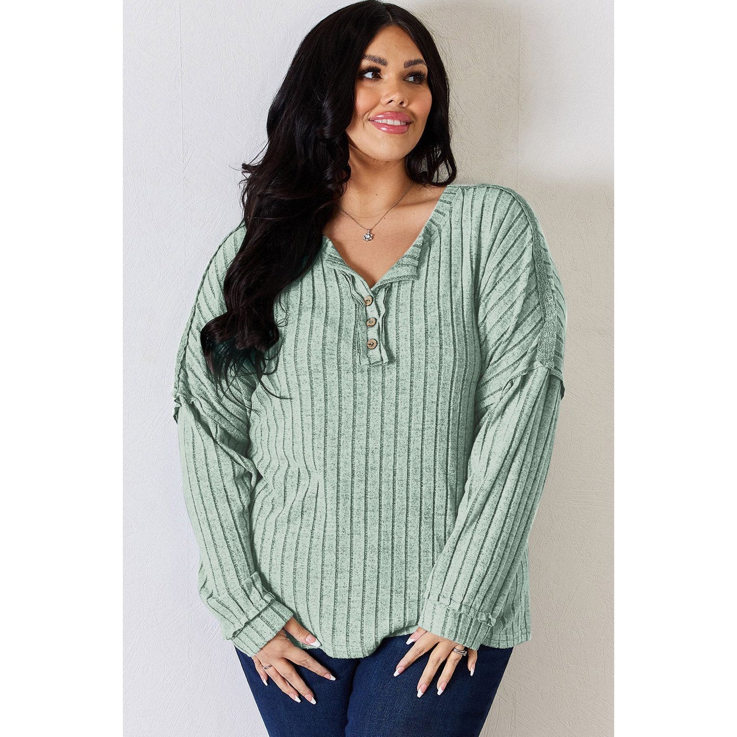 Basic Bae Full Size Ribbed Half Button Long Sleeve T-Shirt