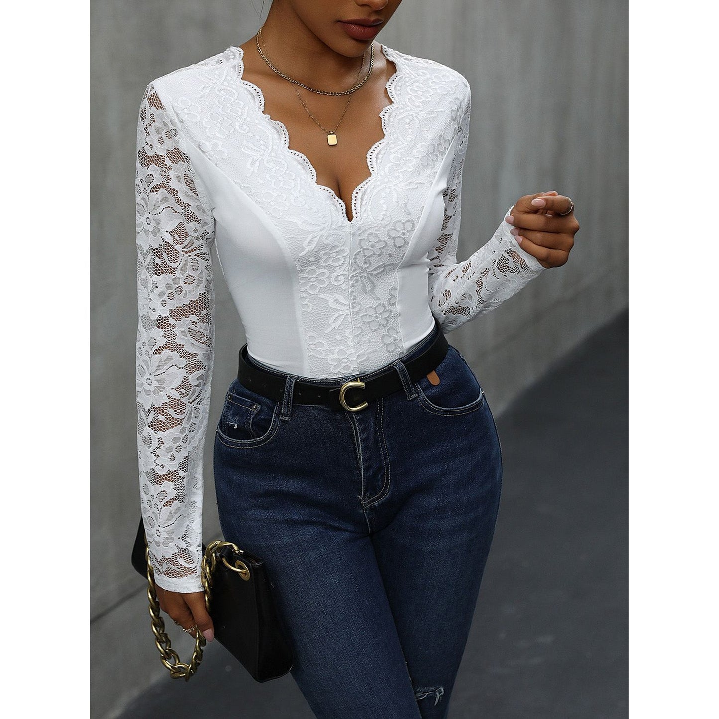 Perfee V-Neck Long Sleeve Lace Bodysuit