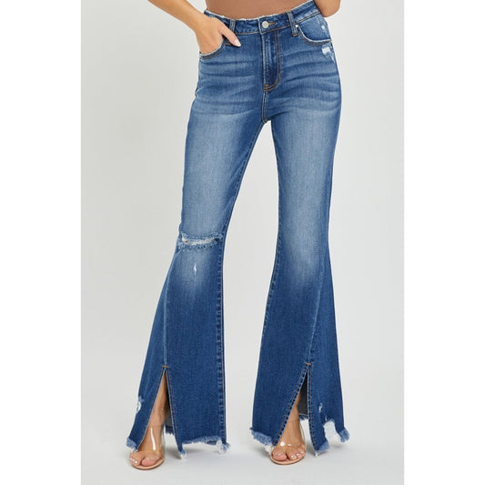 RISEN Full Size High Rise Front Slit Frayed Hem Flare Jeans