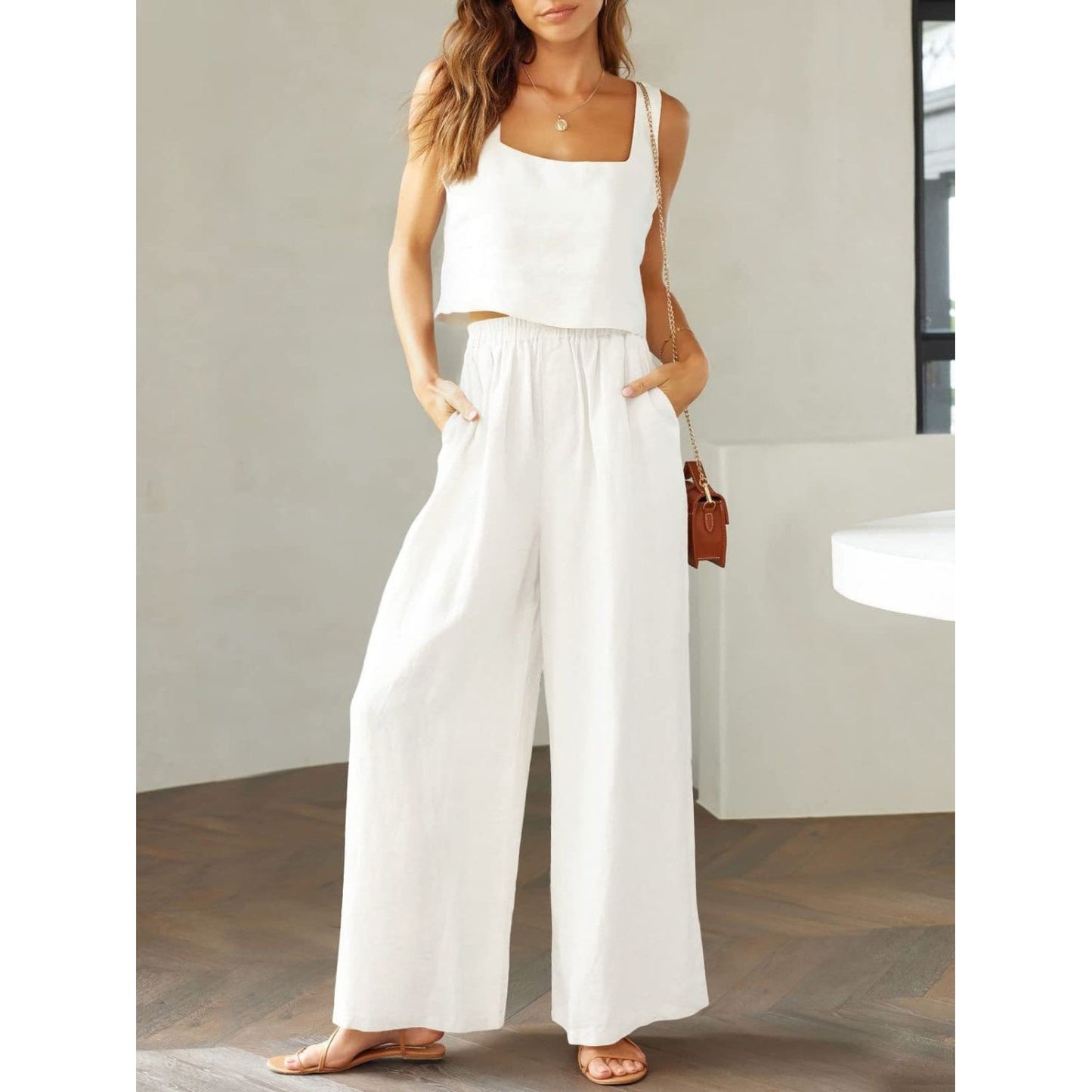 Square Neck Top and Wide Leg Pants Set