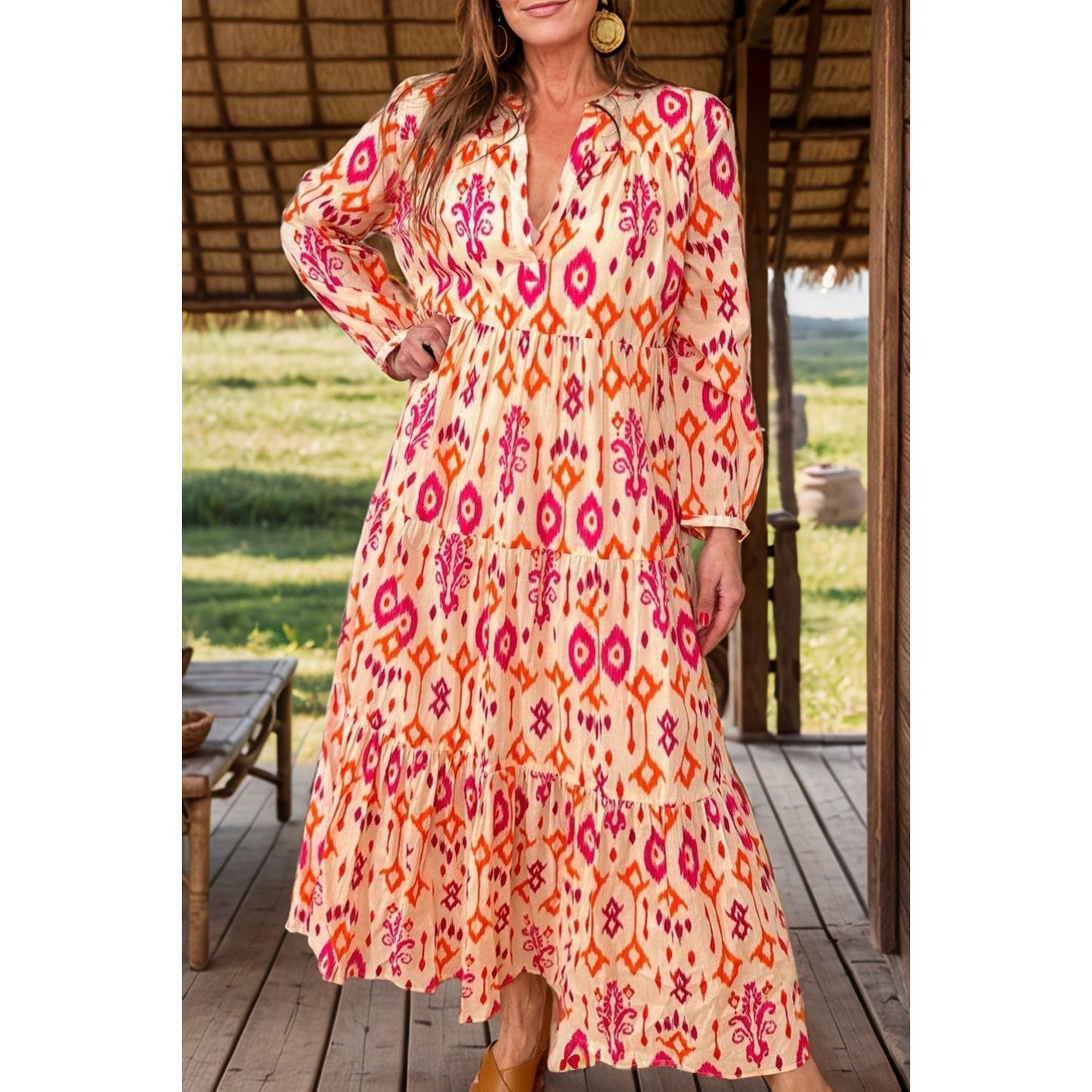 Tiered Printed Notched Long Sleeve Midi Dress