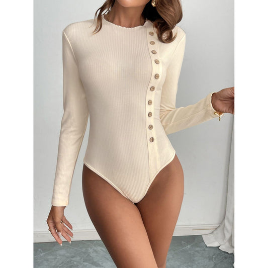 Perfee Decorative Button Round Neck Long Sleeve Bodysuit