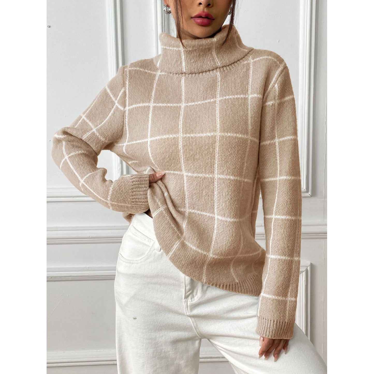 Plaid Turtleneck Long Sleeve Sweater