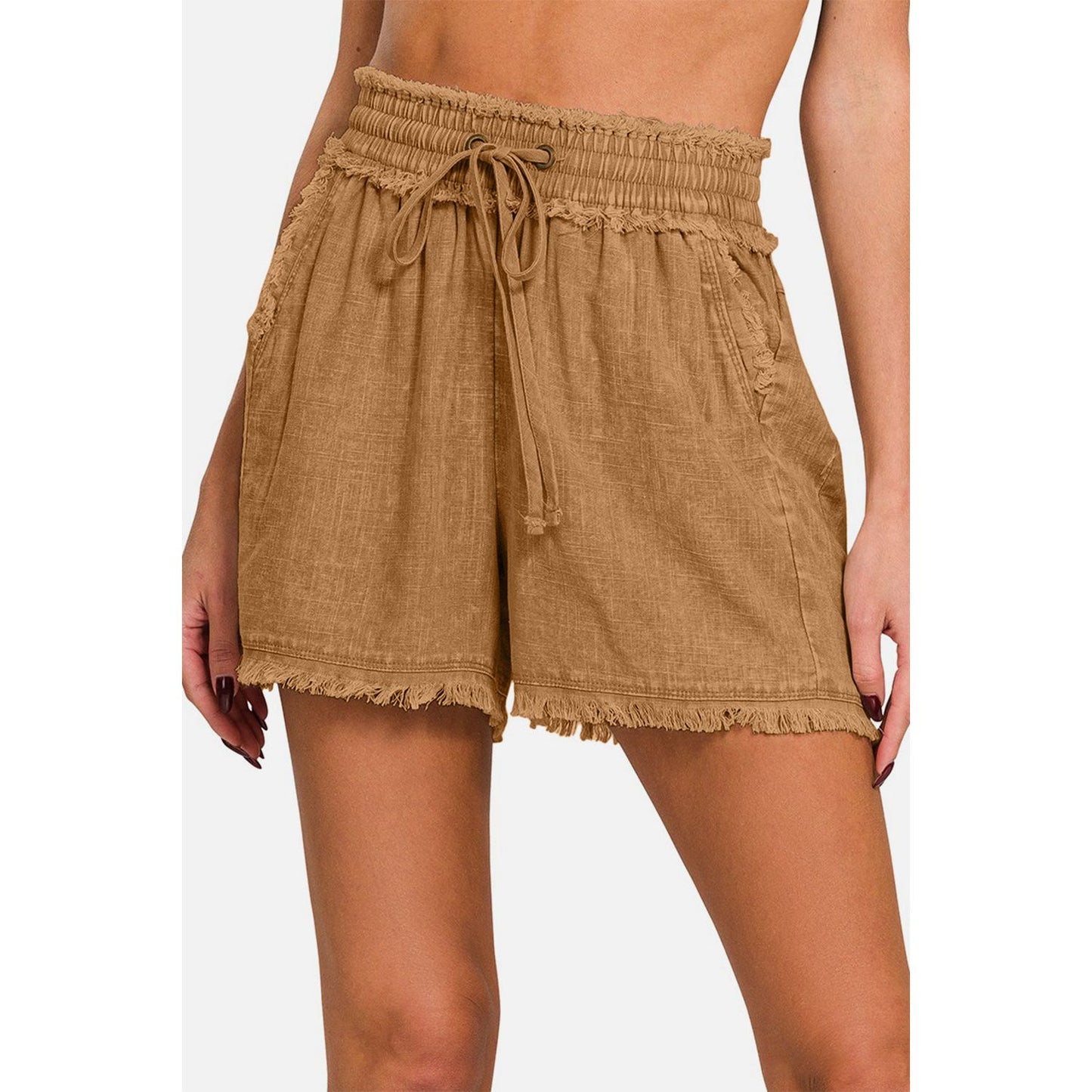 Zenana Washed Linen Frayed Hem Drawstring Shorts