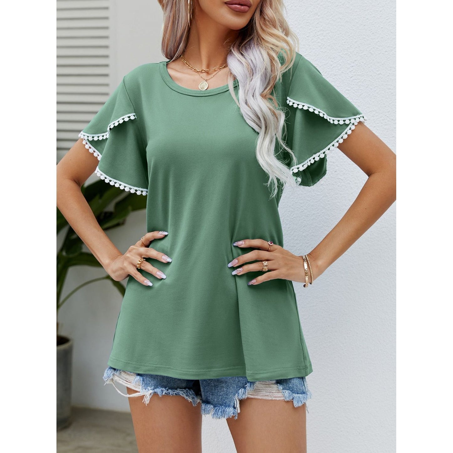 Pom-Pom Trim Flutter Sleeve Round Neck T-Shirt