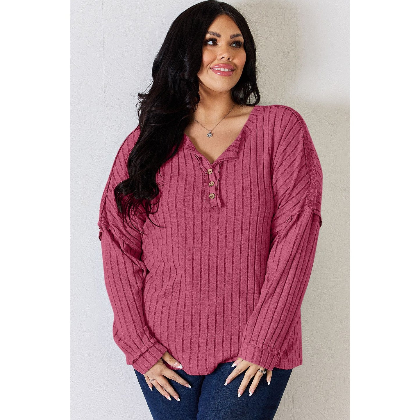 Basic Bae Full Size Ribbed Half Button Long Sleeve T-Shirt