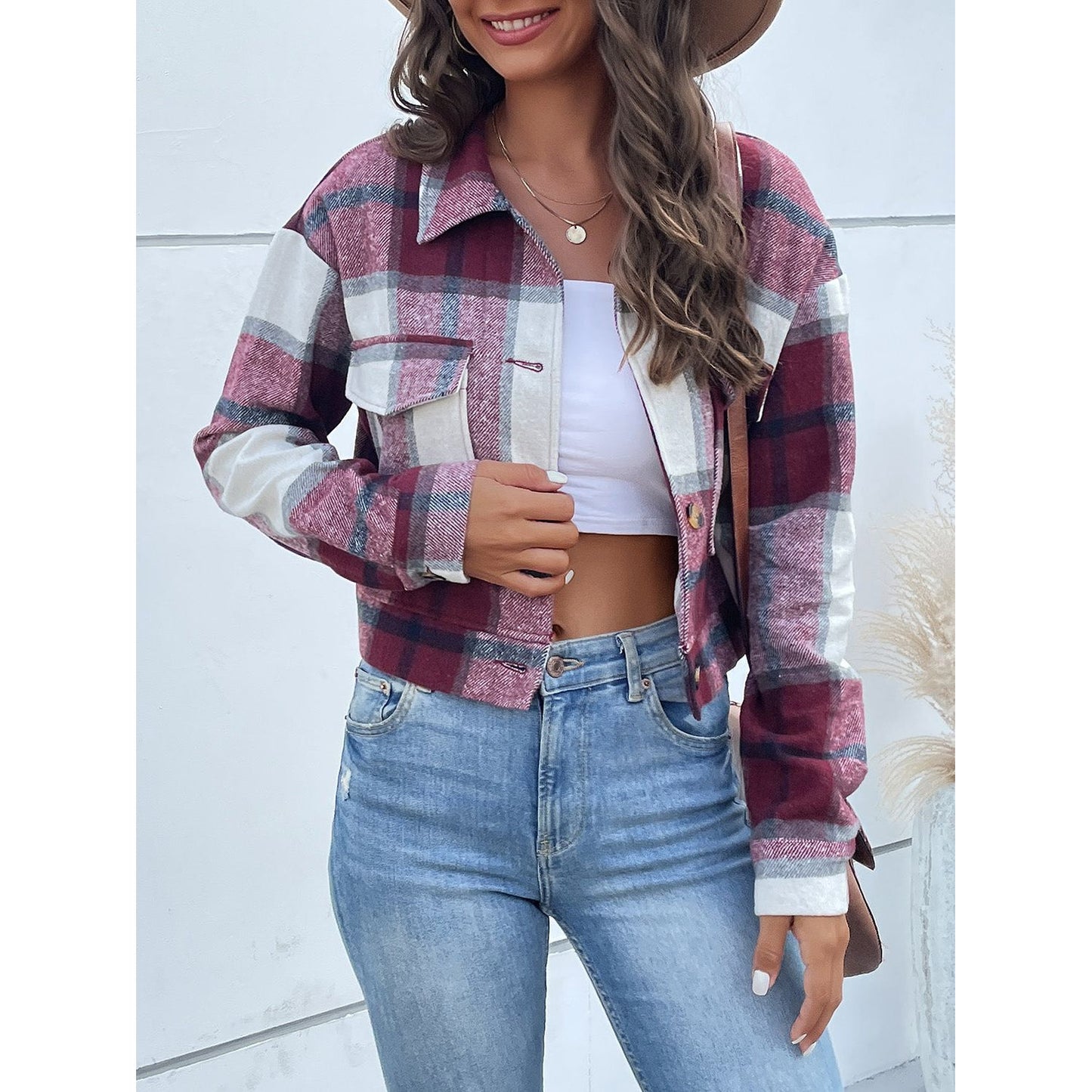 Perfee Plaid Button Up Drop Shoulder Cropped Jacket