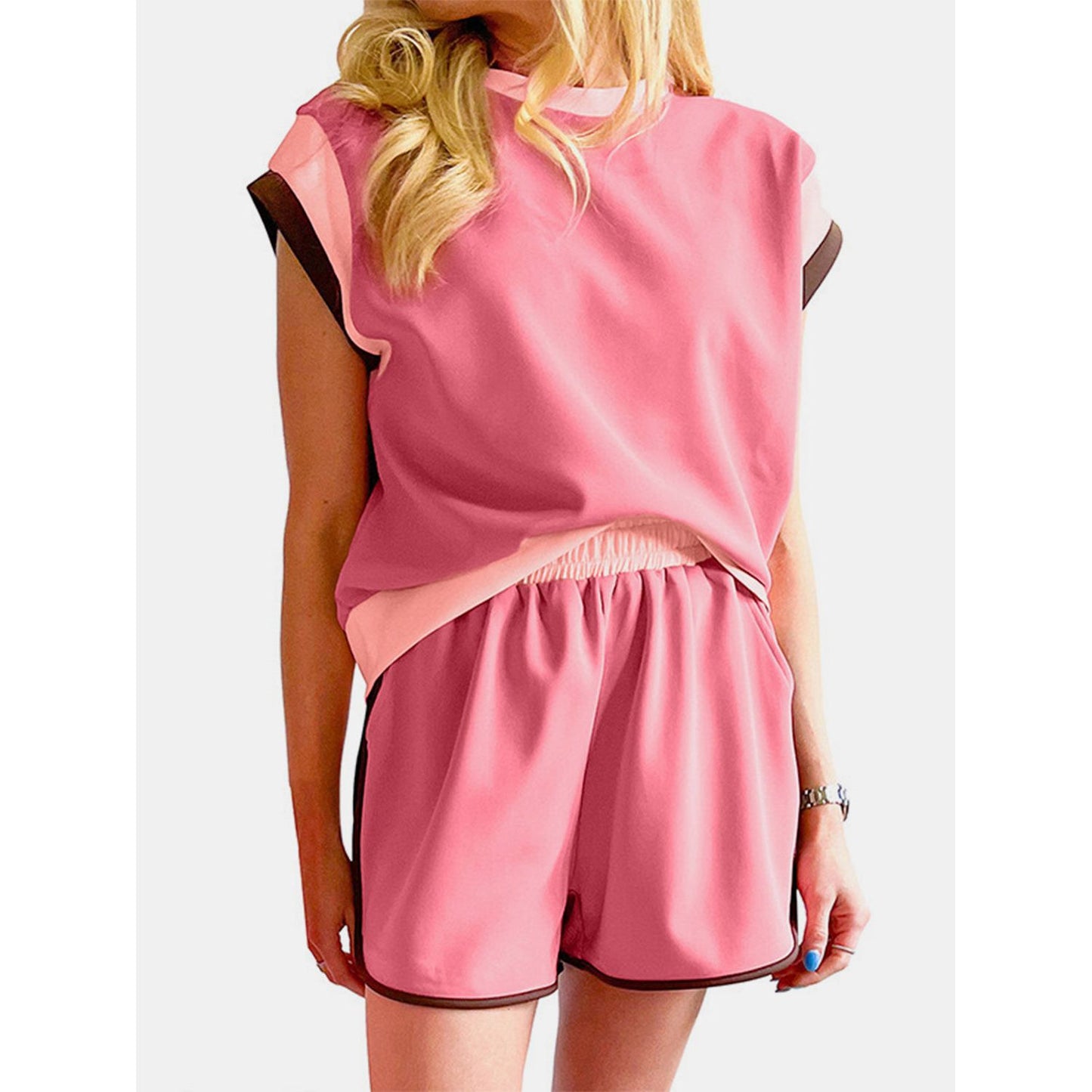 Contrast Round Neck Top and Shorts Set