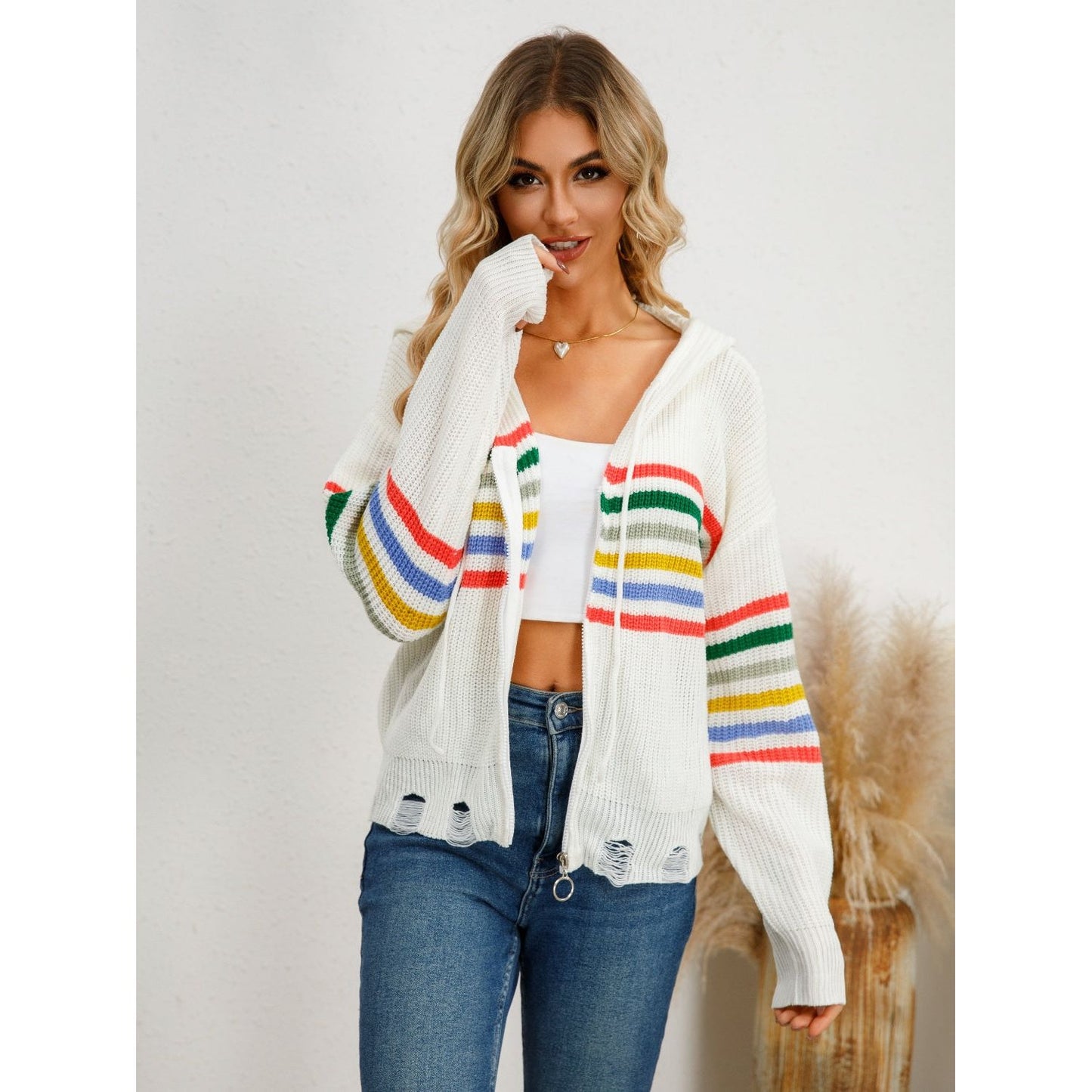 Drawstring Striped Dropped Shoulder Hooded Cardigan