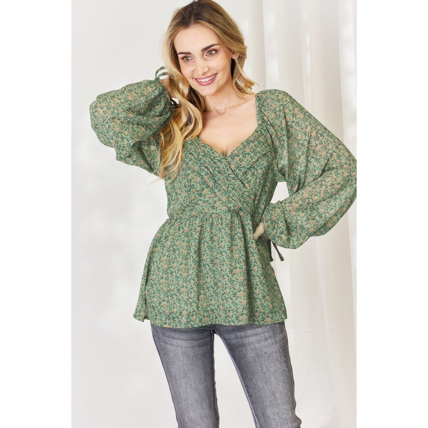 HEYSON Full Size Floral Surplice Peplum Blouse