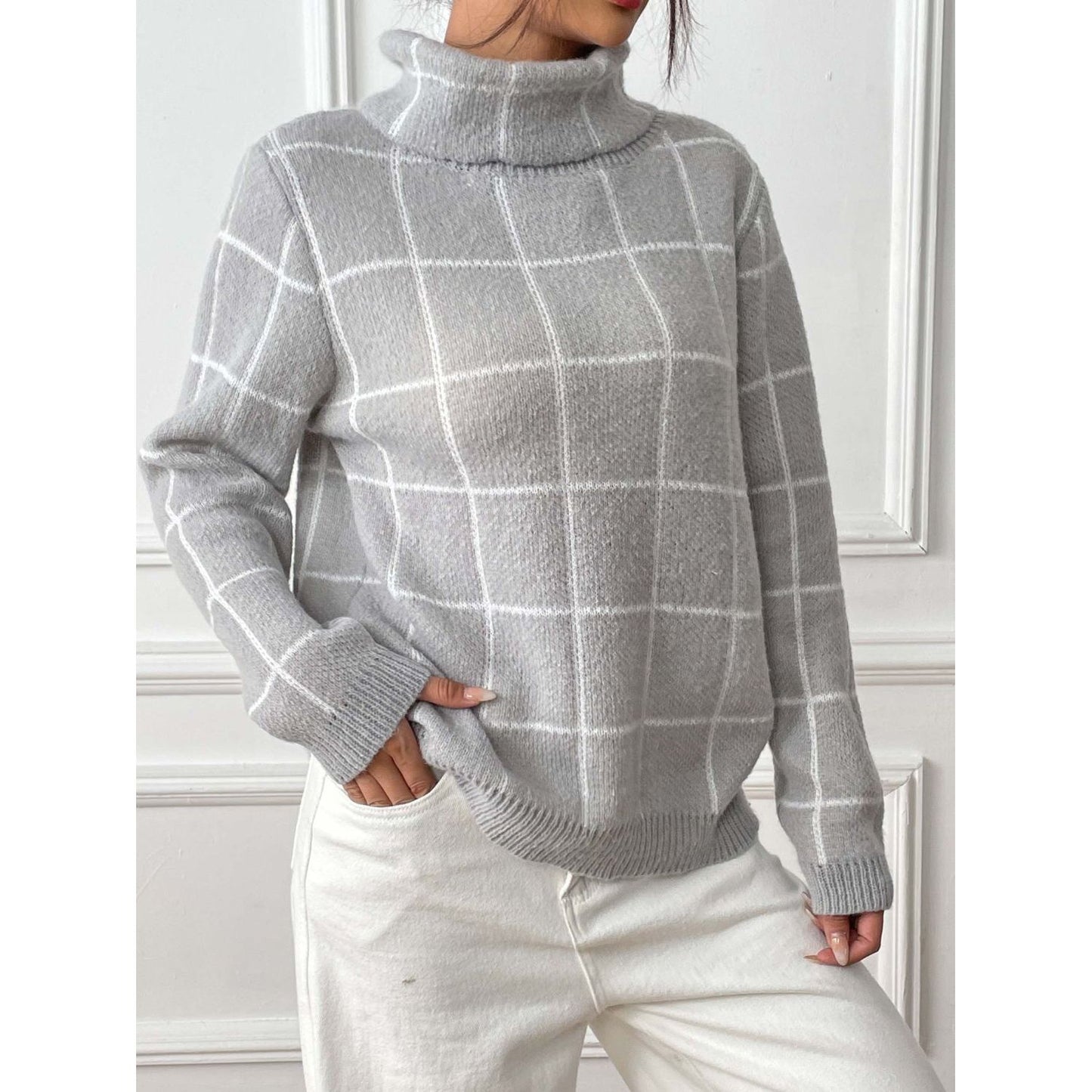 Plaid Turtleneck Long Sleeve Sweater