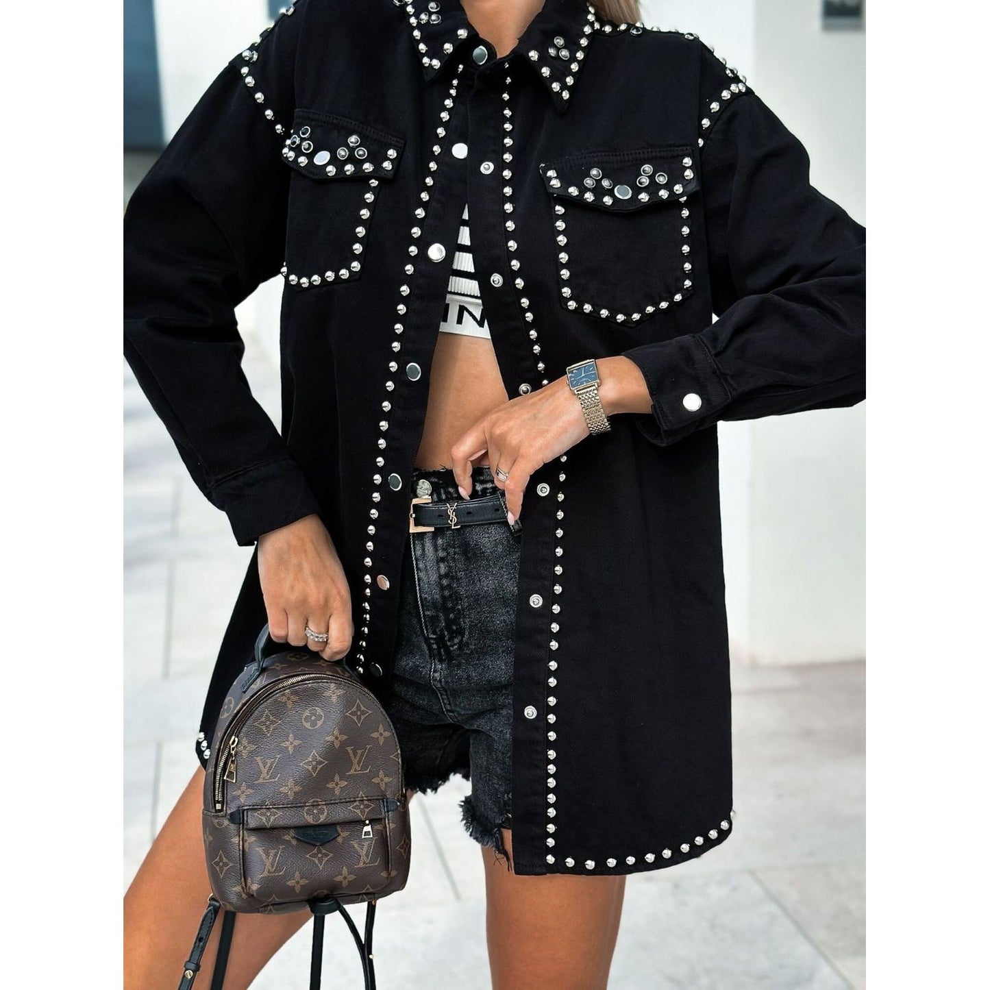 Studded Snap Down Long Sleeve Denim Shacket