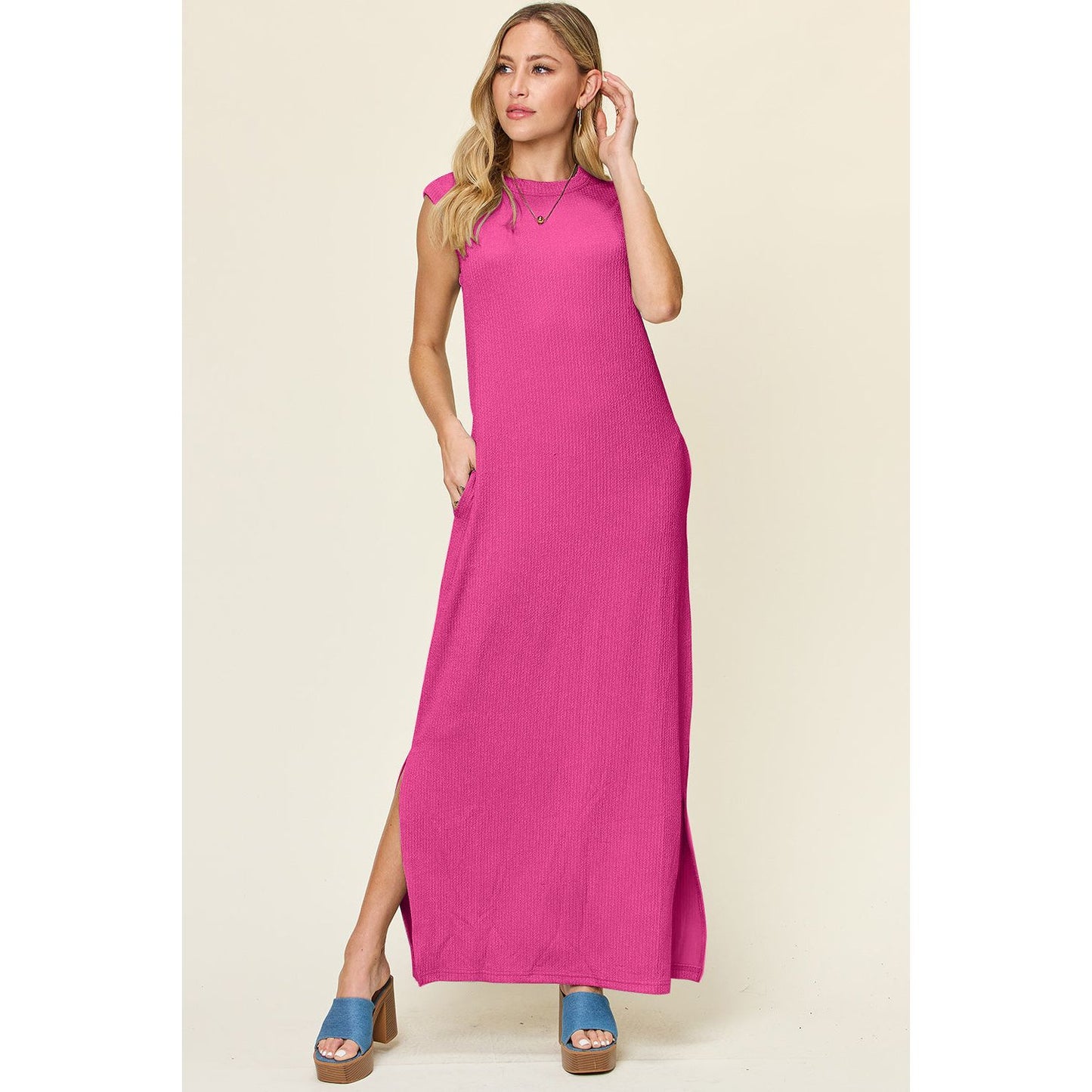 Double Take Full Size Texture Mock Neck Sleeveless Maxi Dress