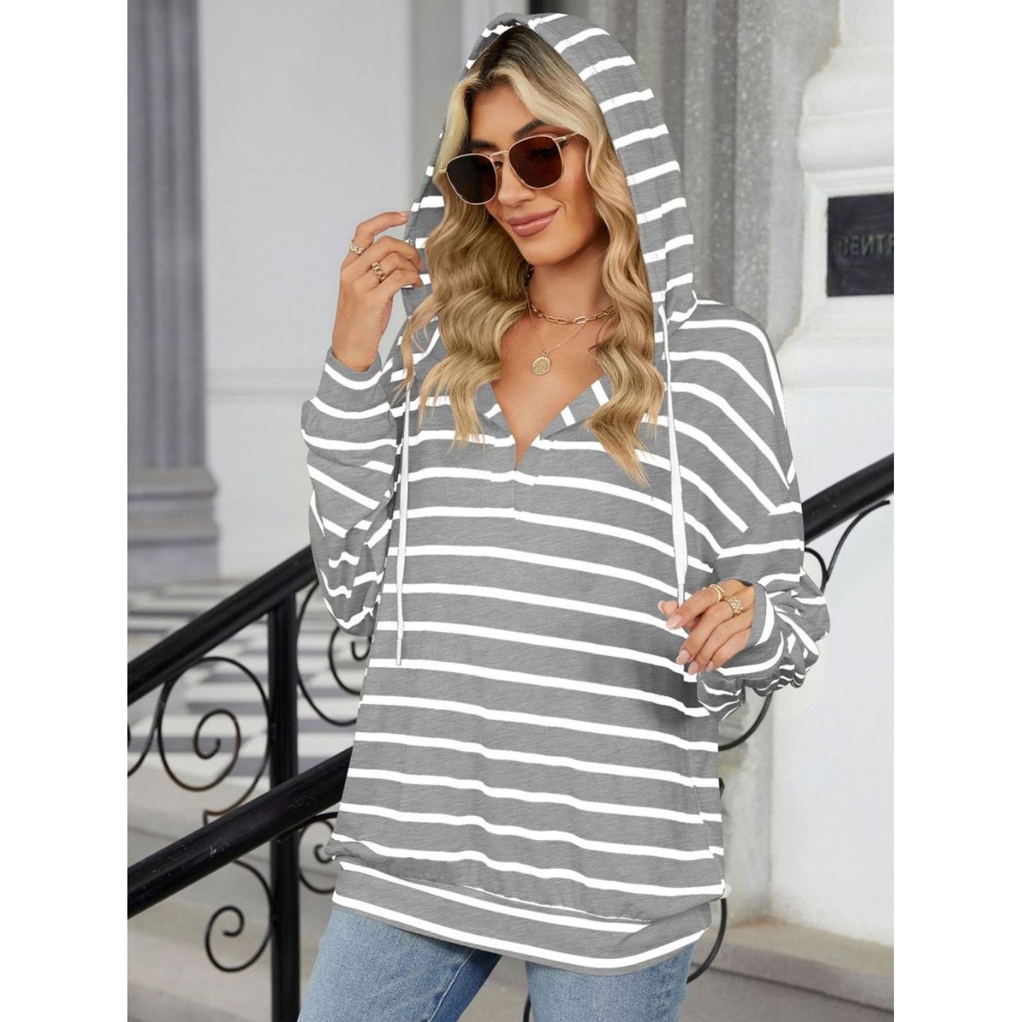 Drawstring Striped Long Sleeve Hoodie