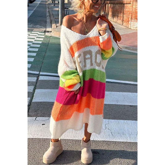 Color Block V-Neck Long Sleeve Sweater Dress