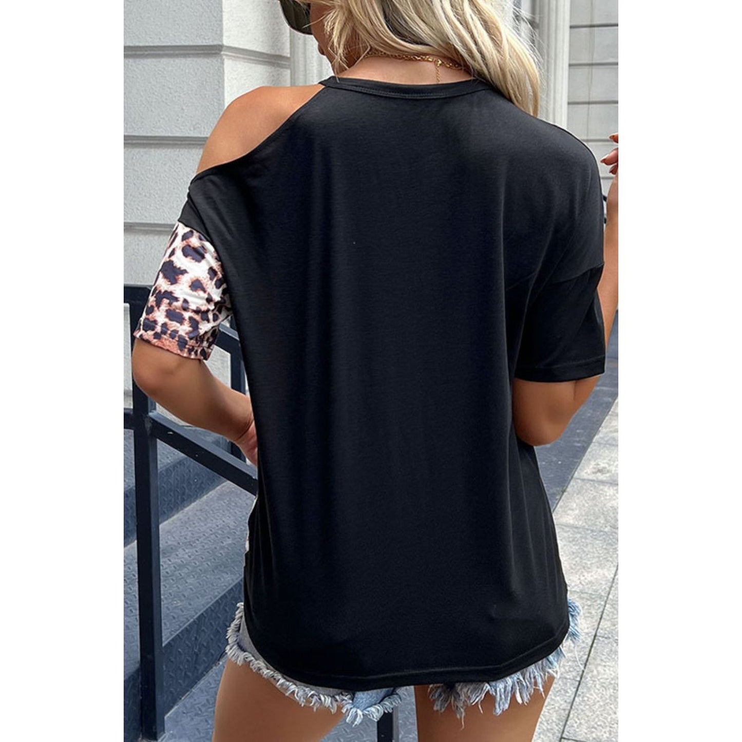 Perfee Spliced Leopard Cold-Shoulder Tee