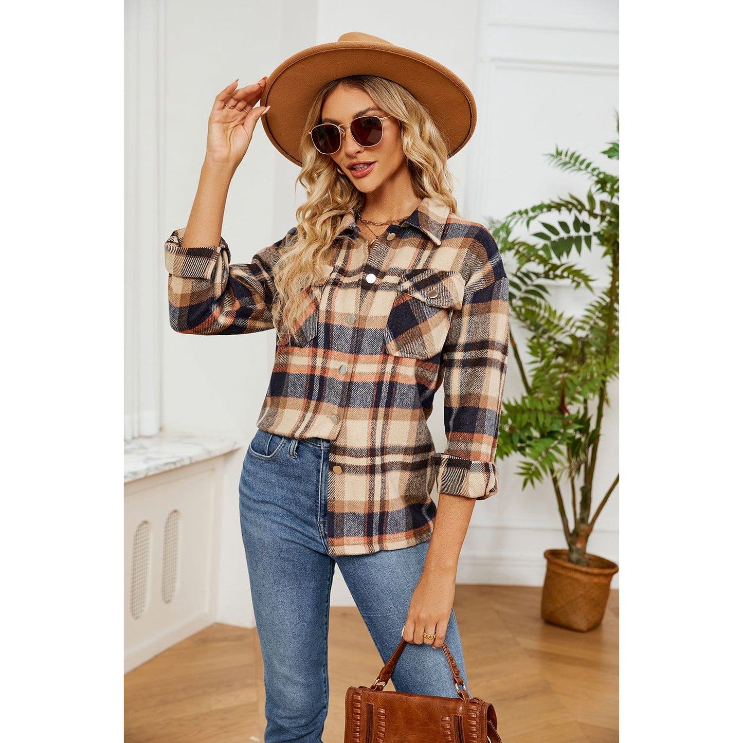 Button Down Collared Plaid Shacket