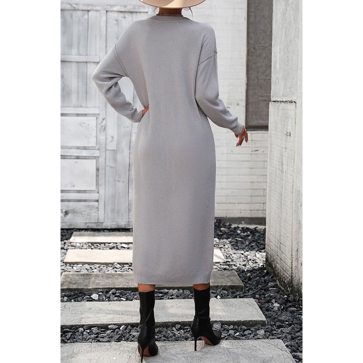 Decorative Button Notched Dropped Shoulder Sweater Dress