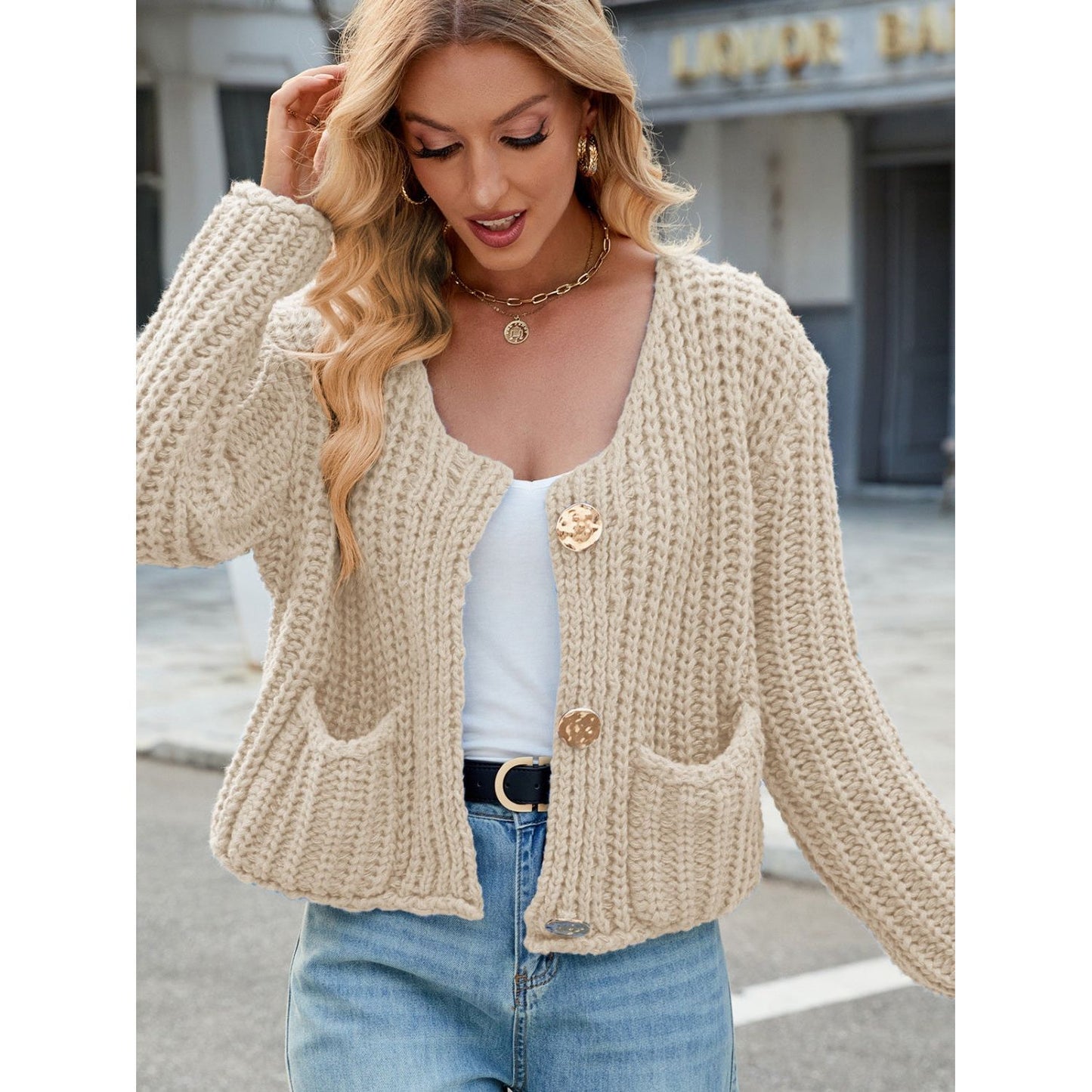 Round Neck Button Up Cardigan with Pockets