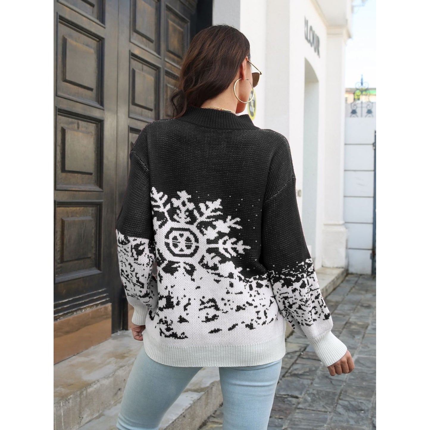 Snowflake Pattern Mock Neck Sweater