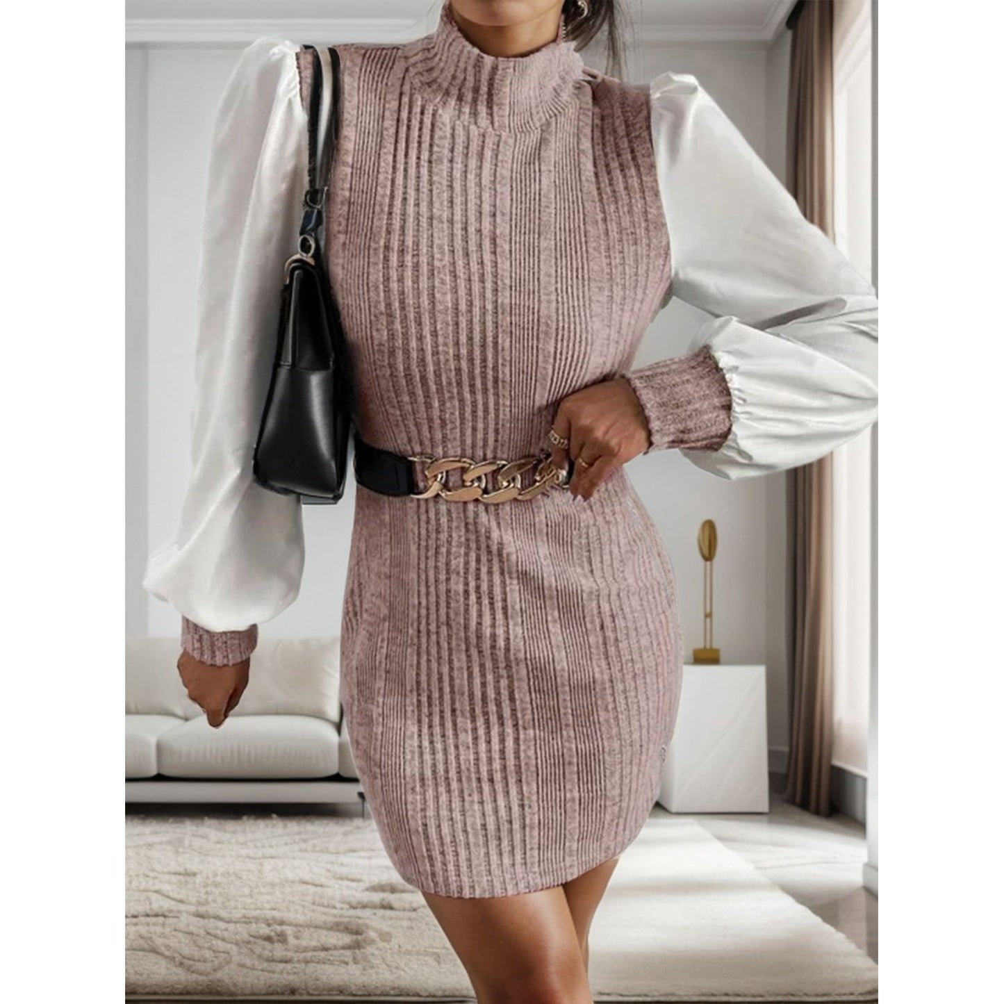 Ribbed Contrast Long Sleeve Sweater Dress