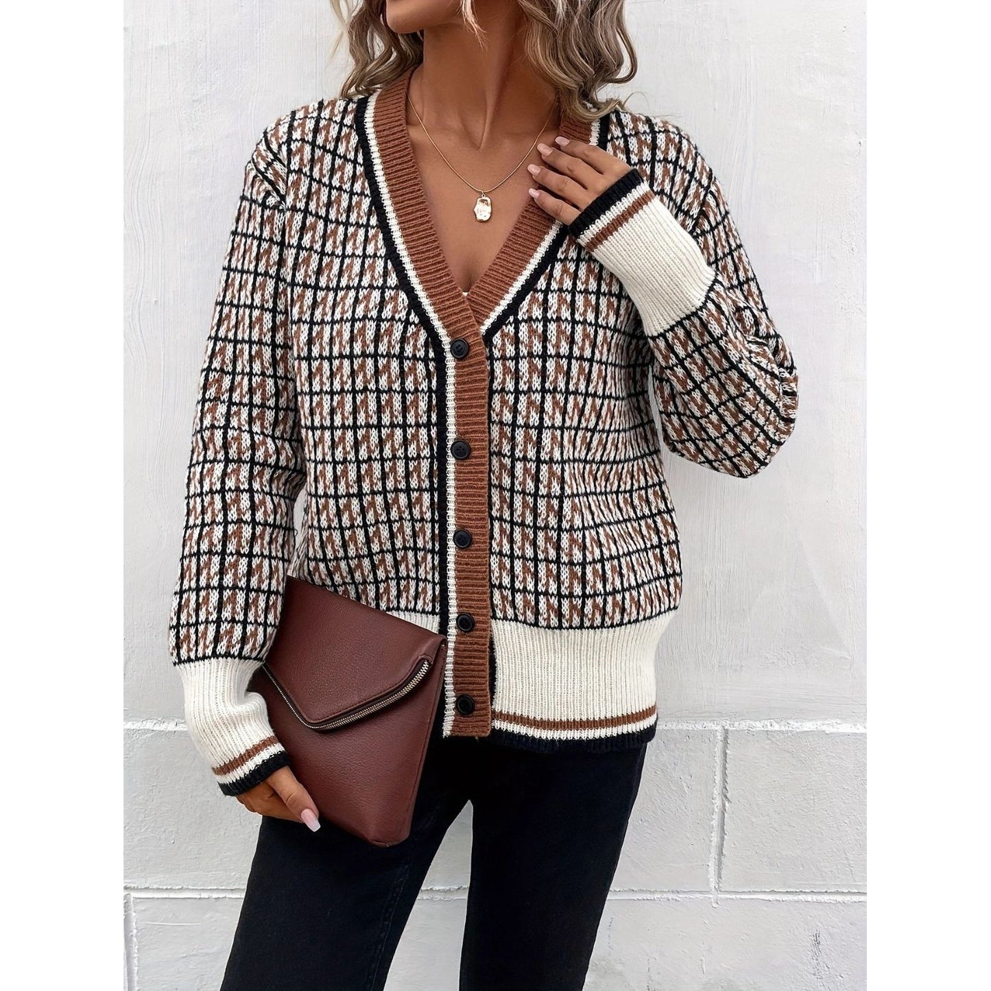 Plaid V-Neck Button Up Cardigan