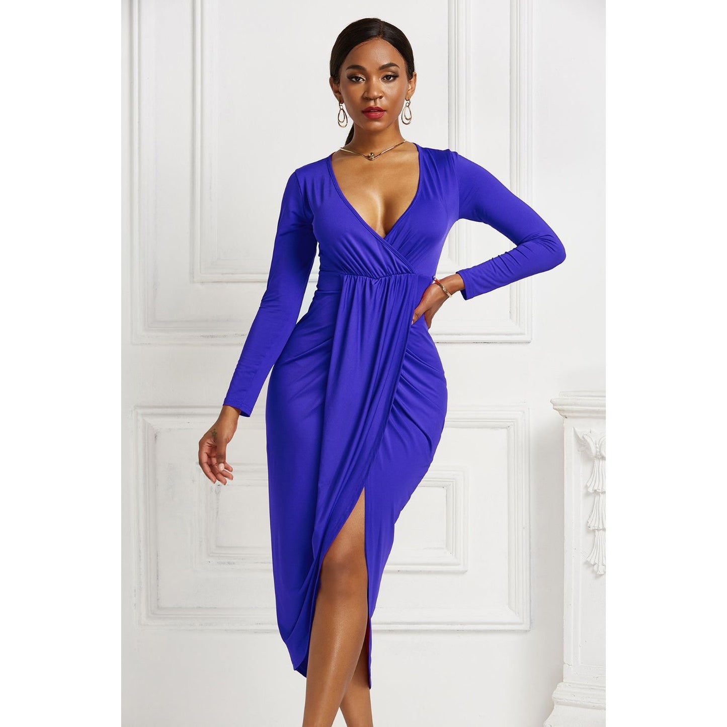 High-low Ruched Surplice Long Sleeve Dress