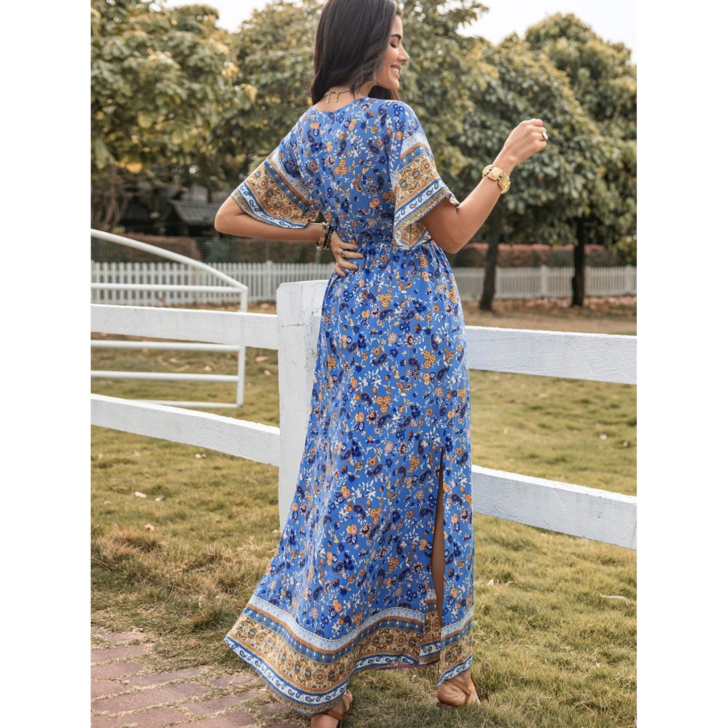 Slit Printed V-Neck Half Sleeve Maxi Dress