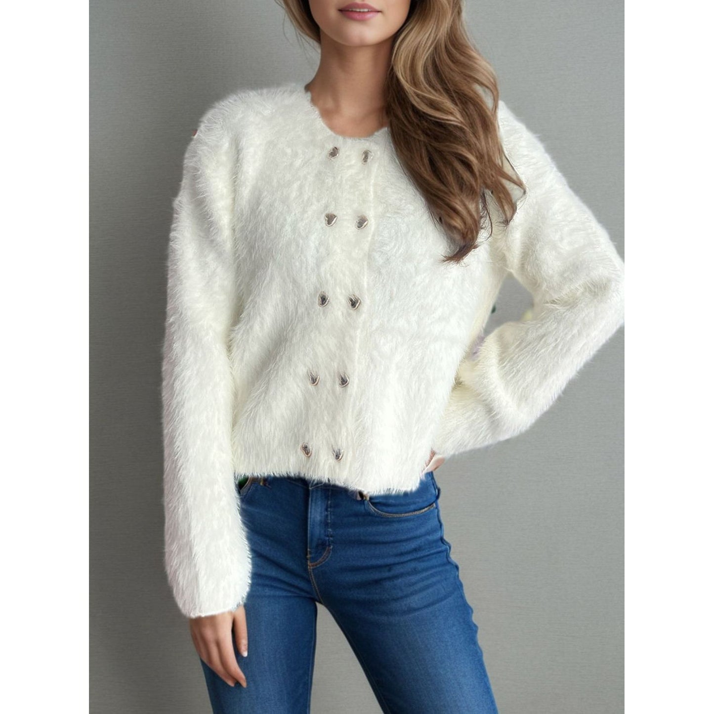 Heart Button Round Neck Cardigan