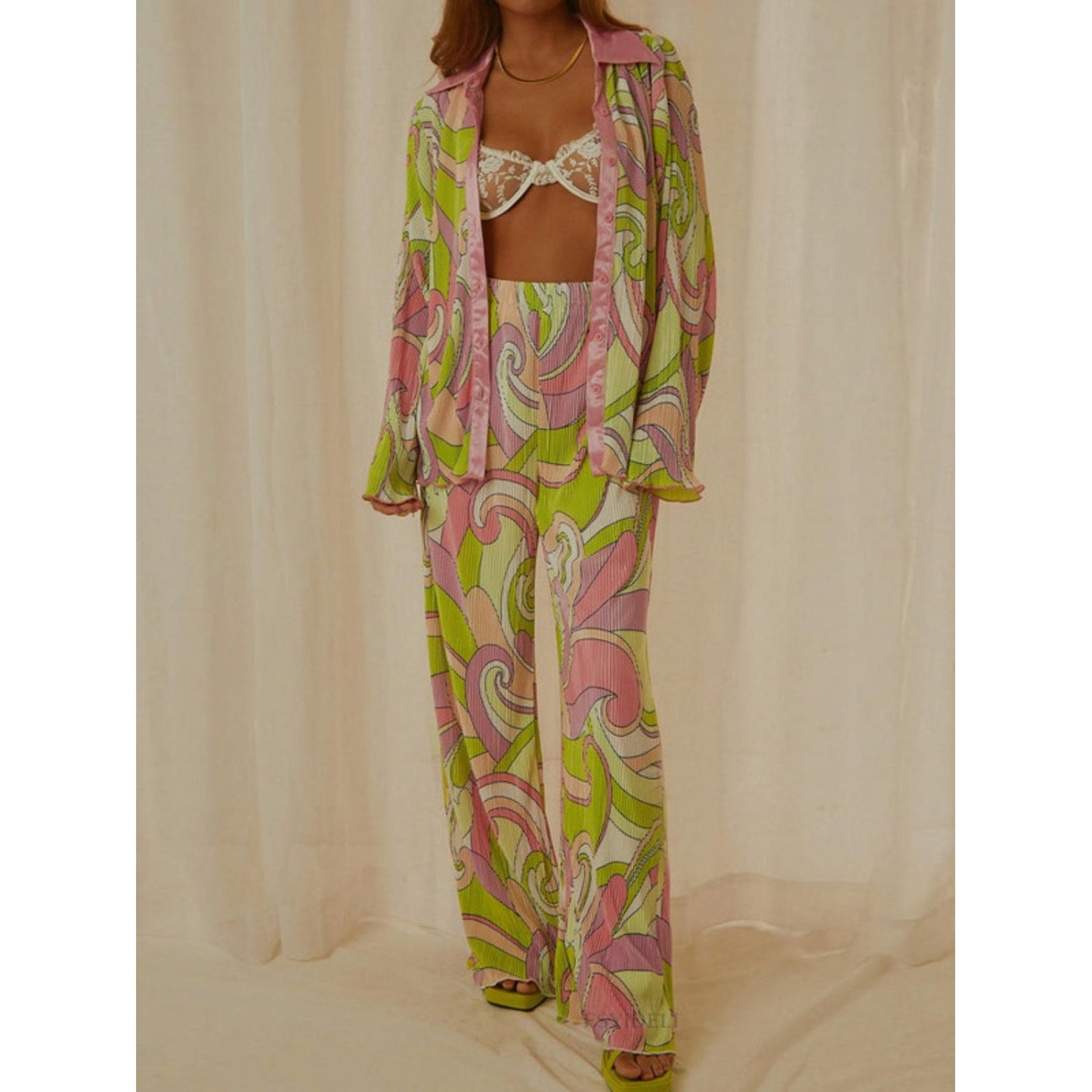 Printed Collared Neck Long Sleeve Top and Pants Lounge Set