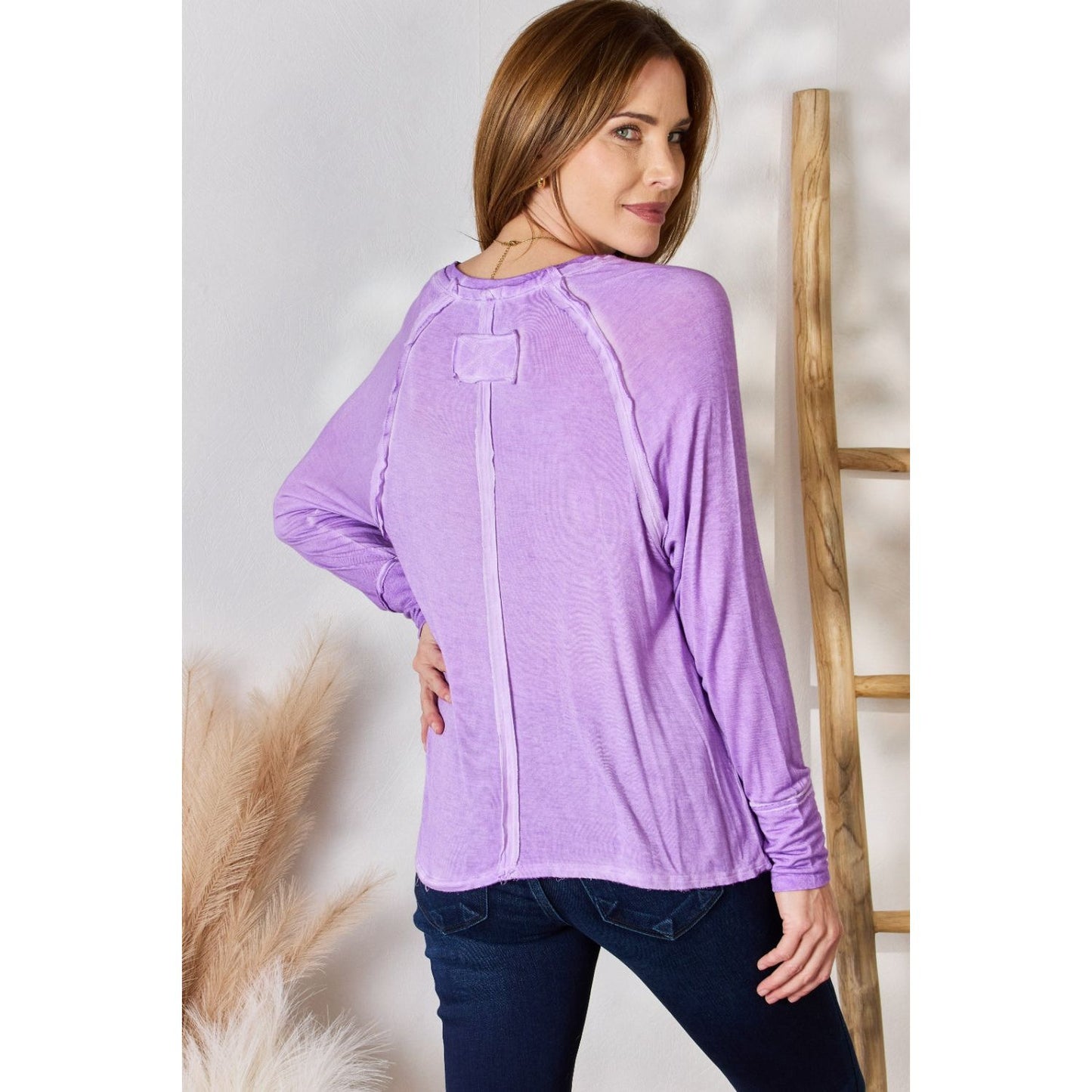 Zenana Washed Scoop Neck Long Sleeve Blouse