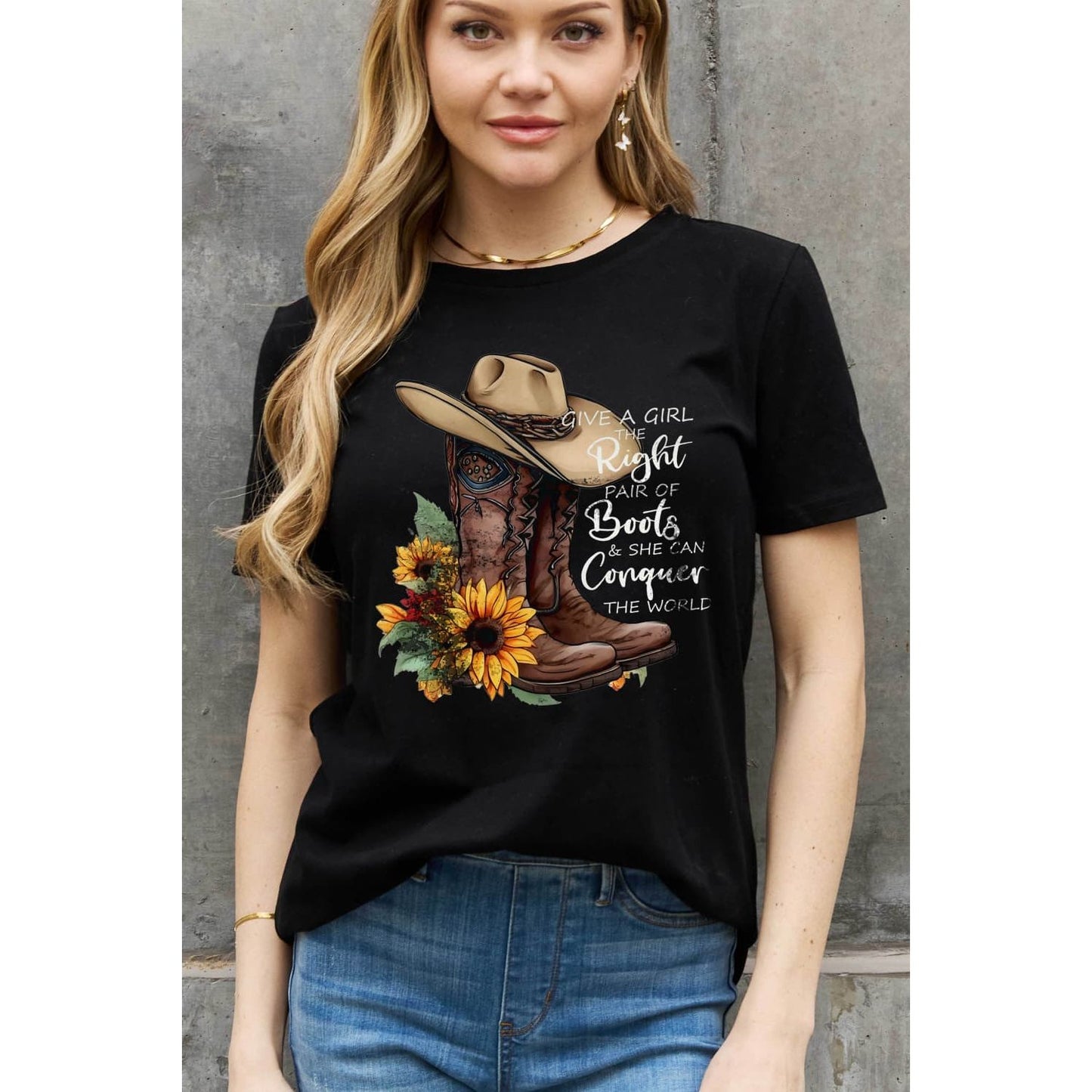 Simply Love Full Size Cowboy Hat & Boots Graphic Cotton Tee