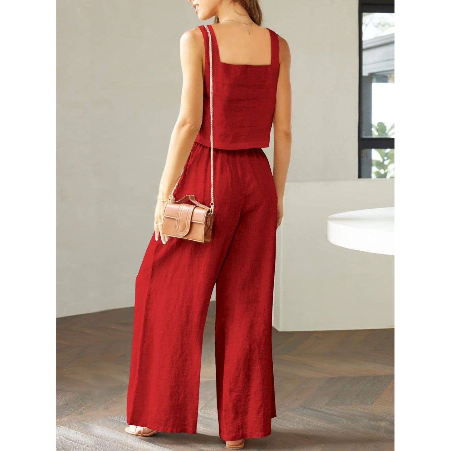 Square Neck Top and Wide Leg Pants Set