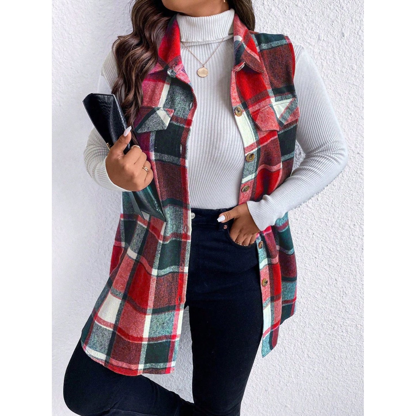 Honey Plus Size Pocketed Plaid Button Up Vest Coat