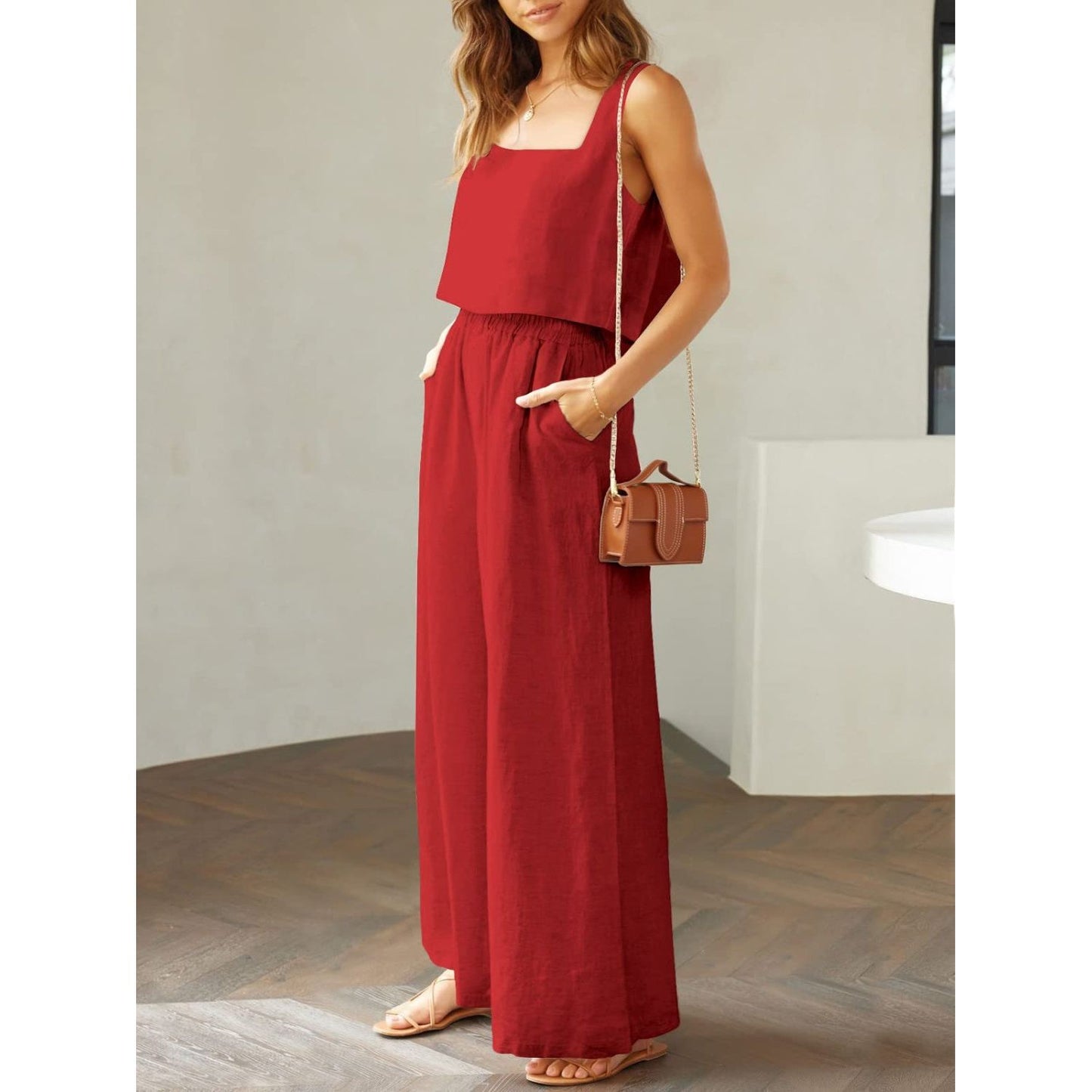 Square Neck Top and Wide Leg Pants Set