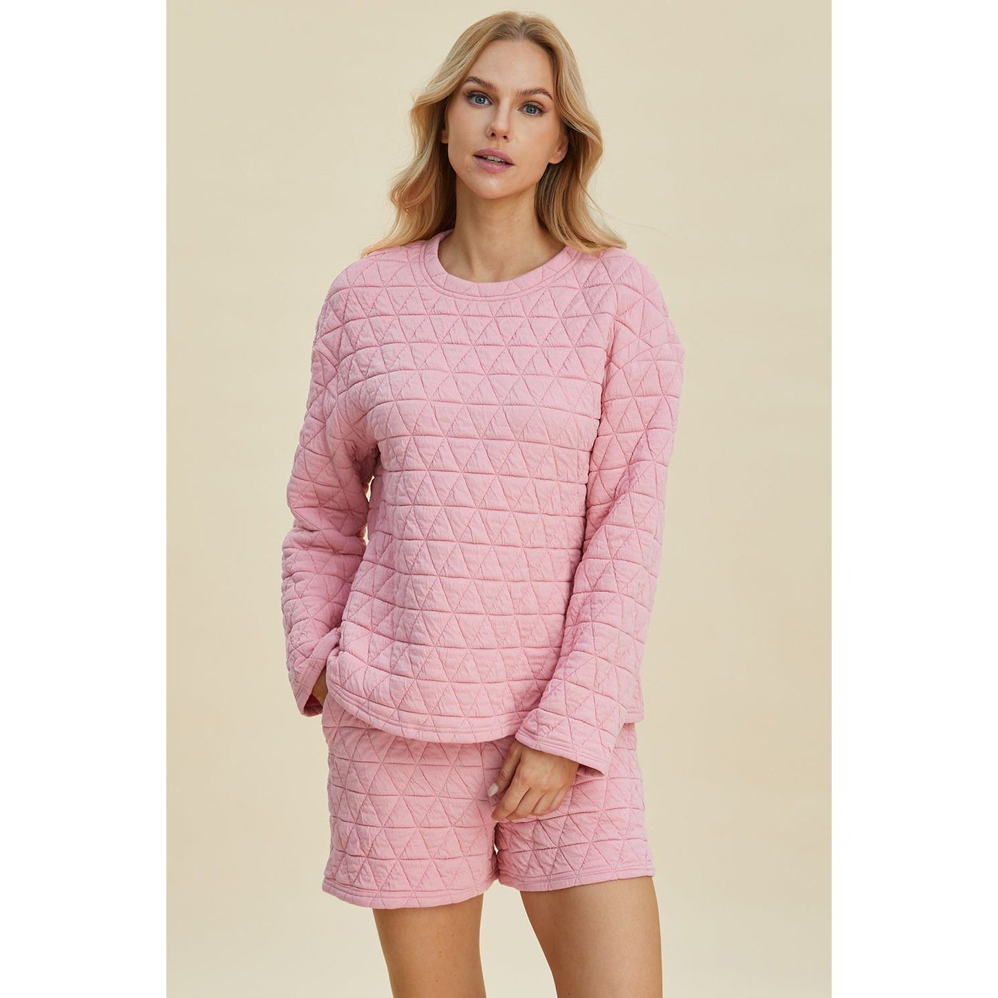 Double Take Full Size Texture Round Neck Long Sleeve Top and Shorts Set