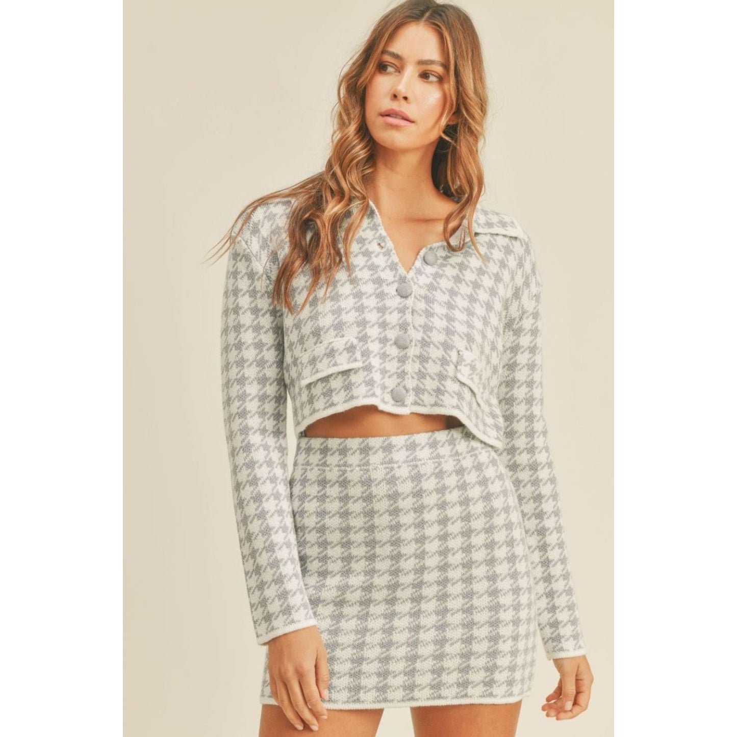 MABLE Houndstooth Cropped Knit Cardigan and Mini Skirt Set