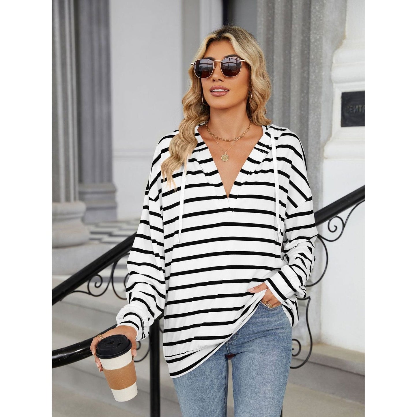 Drawstring Striped Long Sleeve Hoodie